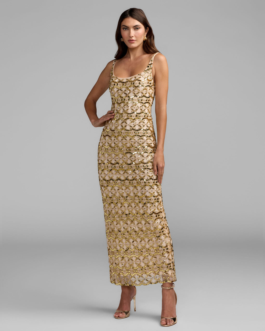 Nude Gold Embellished Scoop Neck Column Gown - Mac Duggal