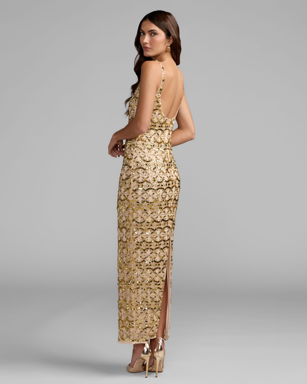 Gold Embellished Scoop Neck Column Gown Mac Duggal