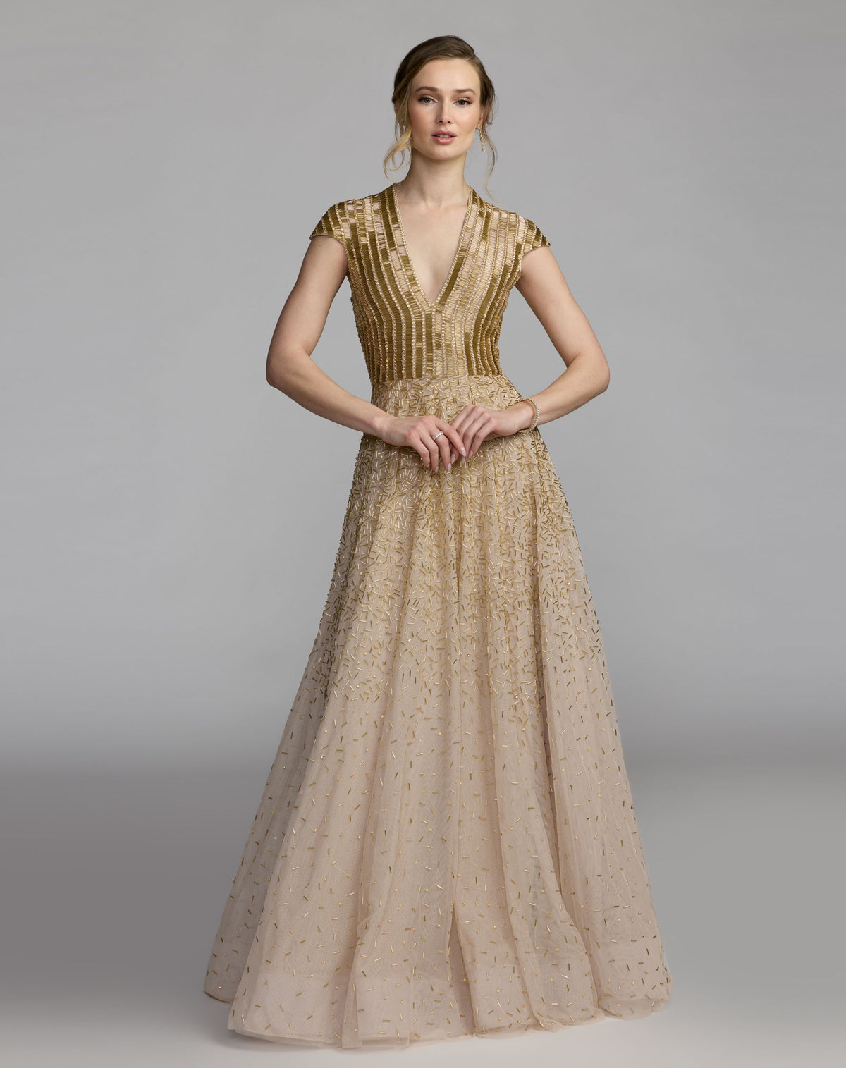 Gold V-Neck Beaded Tulle A-Line Gown - Mac Duggal