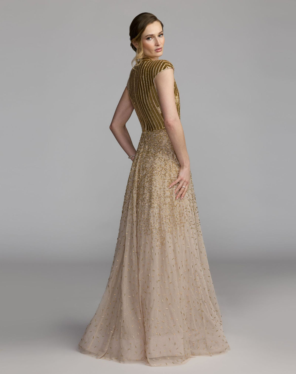 Gold V-Neck Beaded Tulle A-Line Gown - Mac Duggal