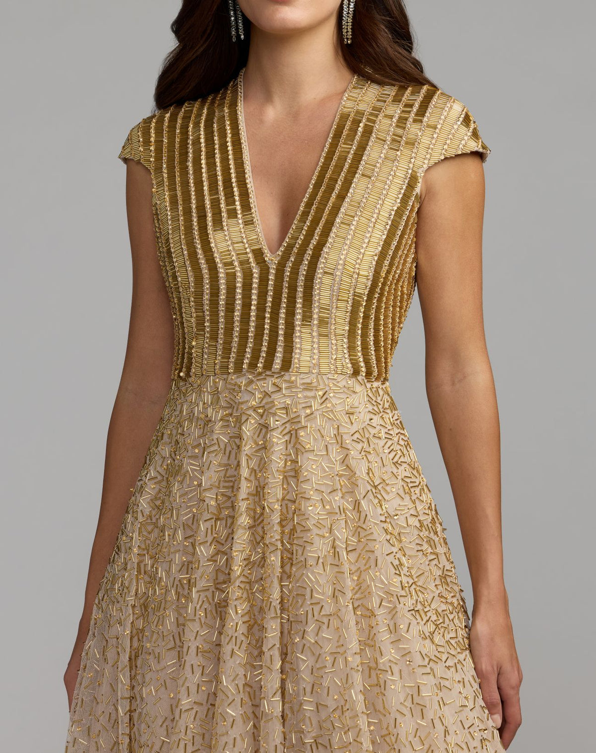 Gold V-Neck Beaded Tulle A-Line Gown - Mac Duggal