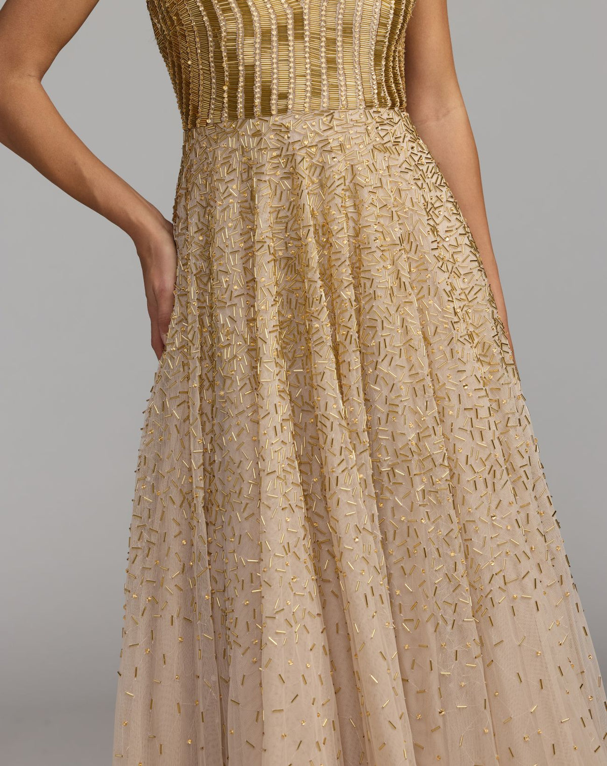 Gold V-Neck Beaded Tulle A-Line Gown - Mac Duggal