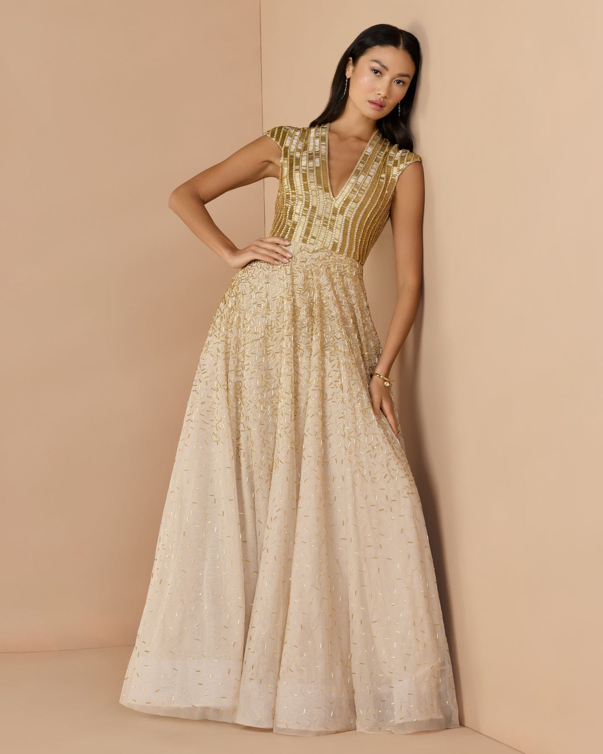Gold V-Neck Beaded Tulle A-Line Gown - Mac Duggal