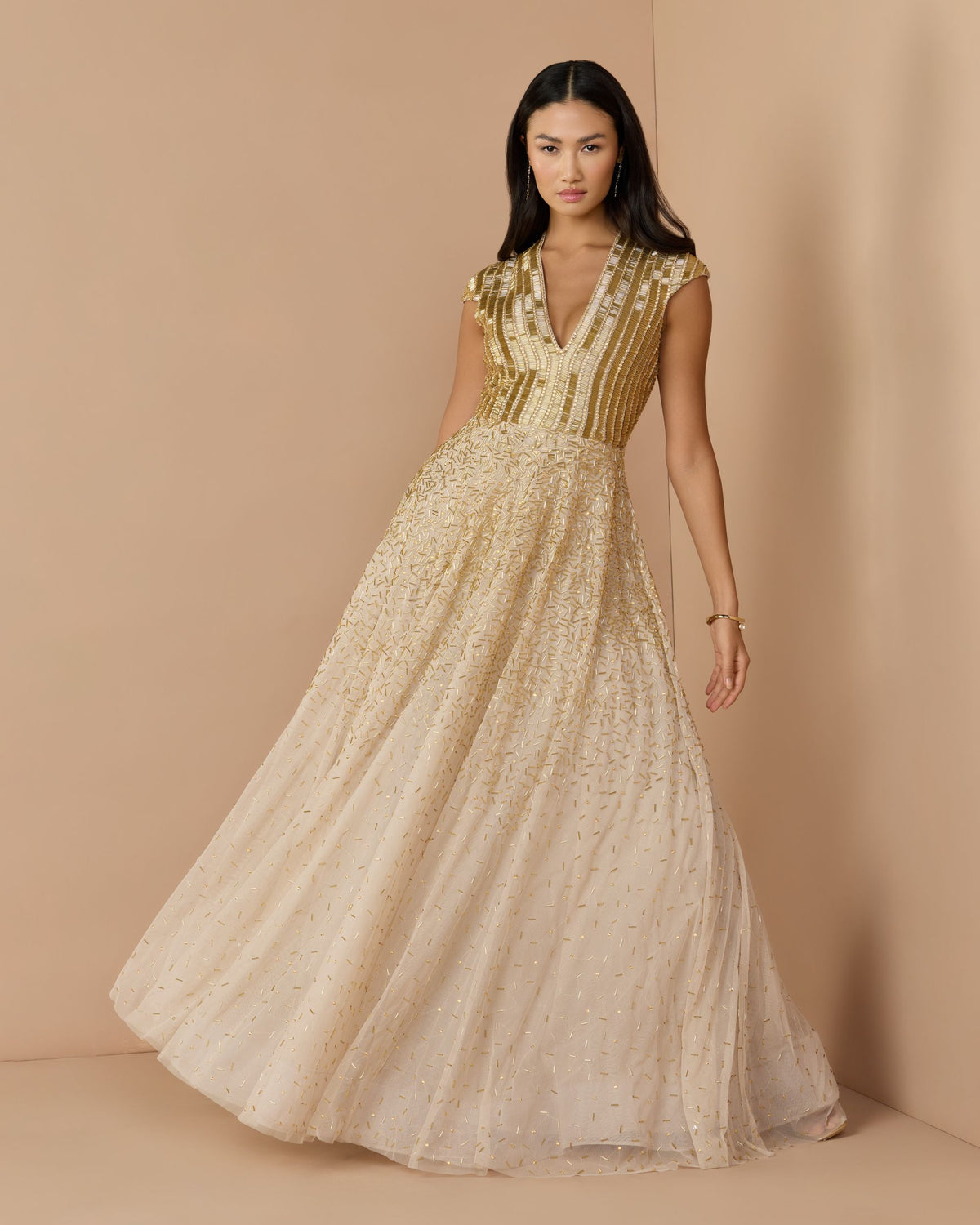 Gold V-Neck Beaded Tulle A-Line Gown - Mac Duggal