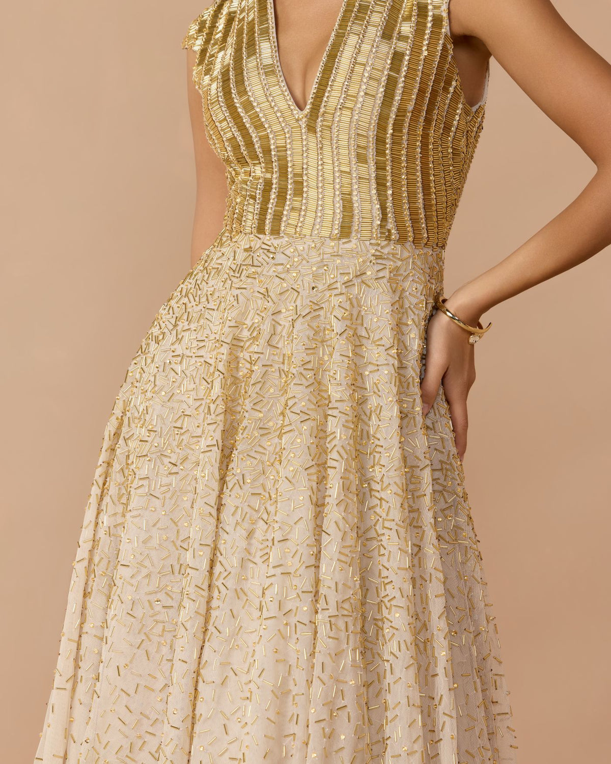 Gold V-Neck Beaded Tulle A-Line Gown - Mac Duggal