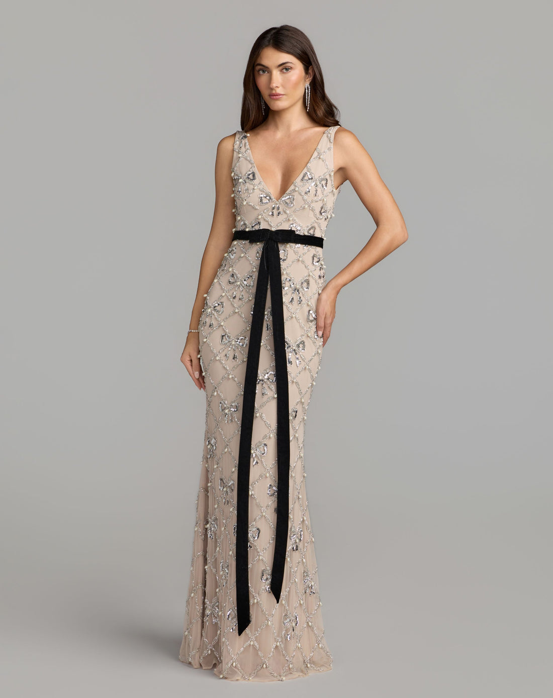 Beige Beaded Bow Sleeveless V-Neck Gown - Mac Duggal