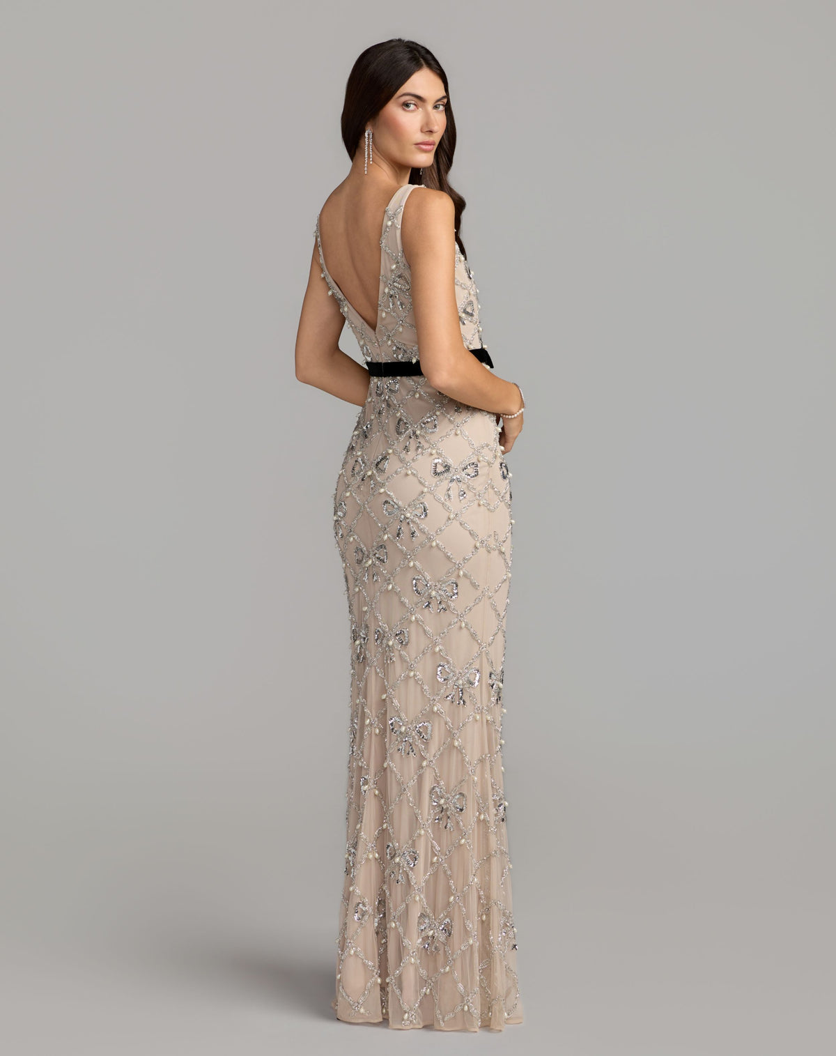 Beige Beaded Bow Sleeveless V-Neck Gown - Mac Duggal