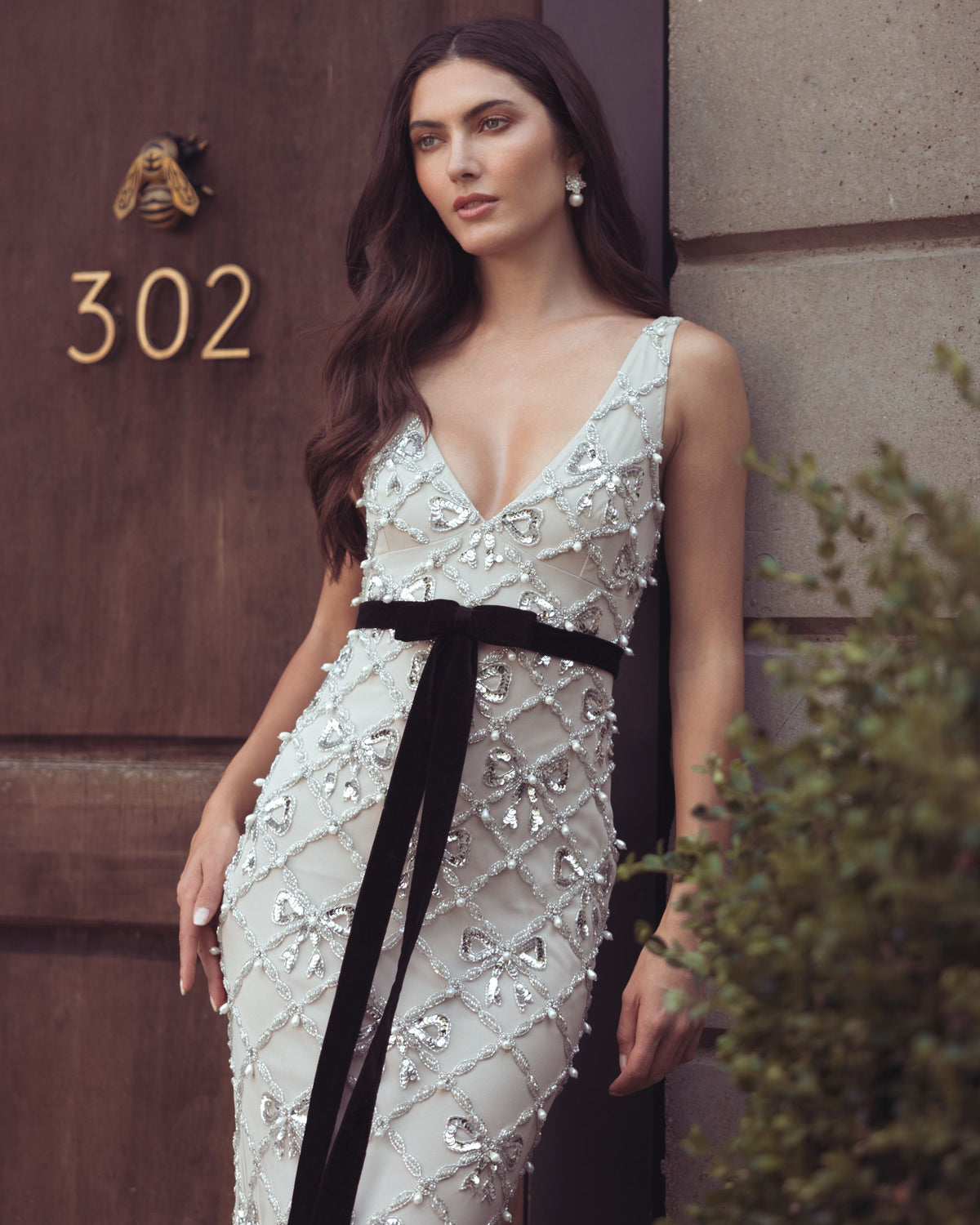 Beige Beaded Bow Sleeveless V-Neck Gown - Mac Duggal