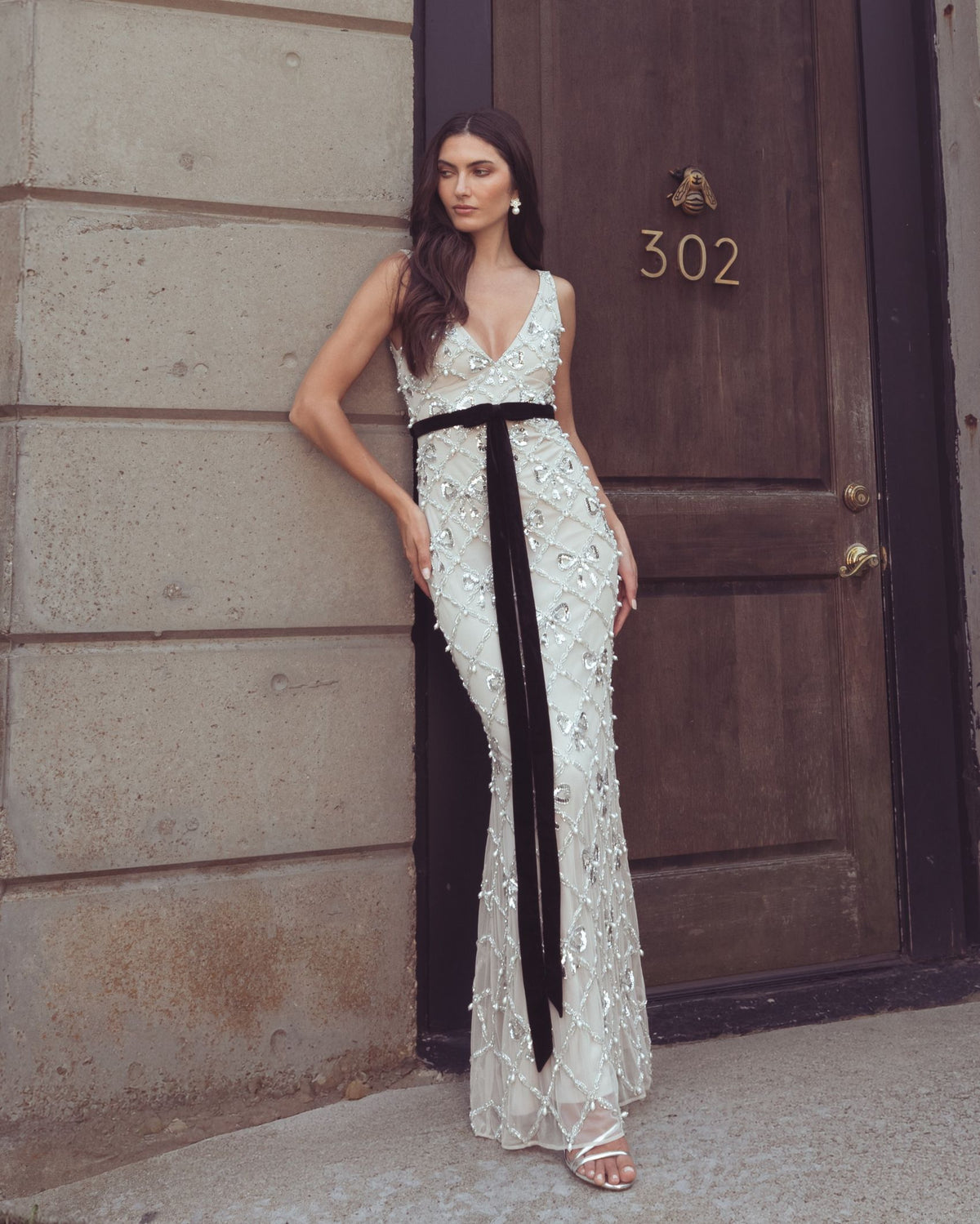 Beige Beaded Bow Sleeveless V-Neck Gown - Mac Duggal