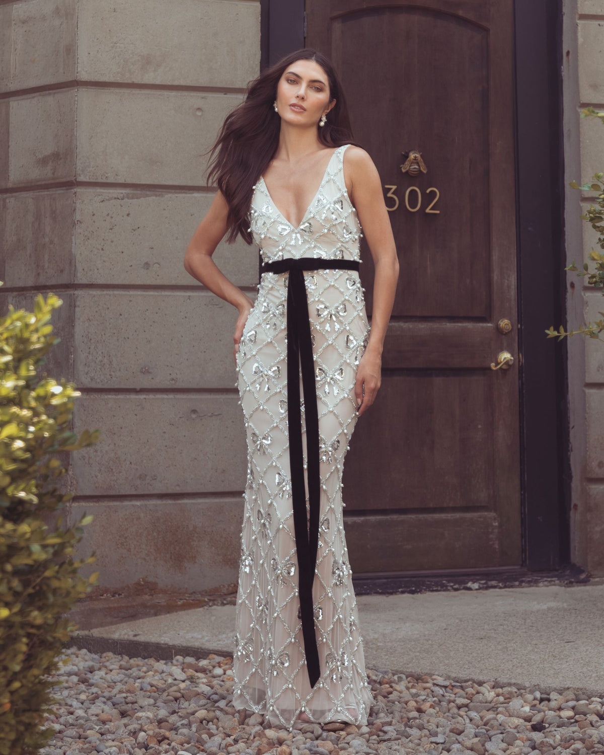Beige Beaded Bow Sleeveless V-Neck Gown - Mac Duggal
