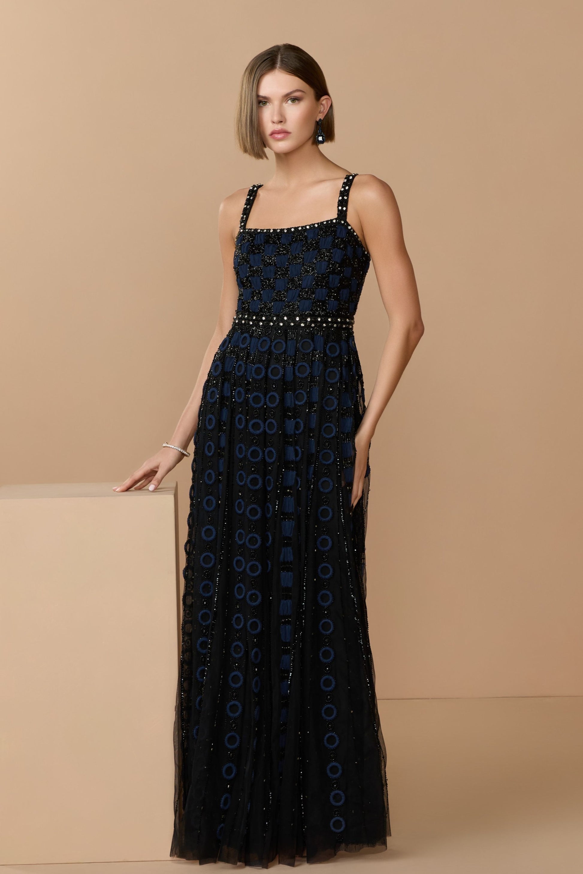 Black and Navy Sleeveless Embellished A-line Gown - Black Midnight,US 0