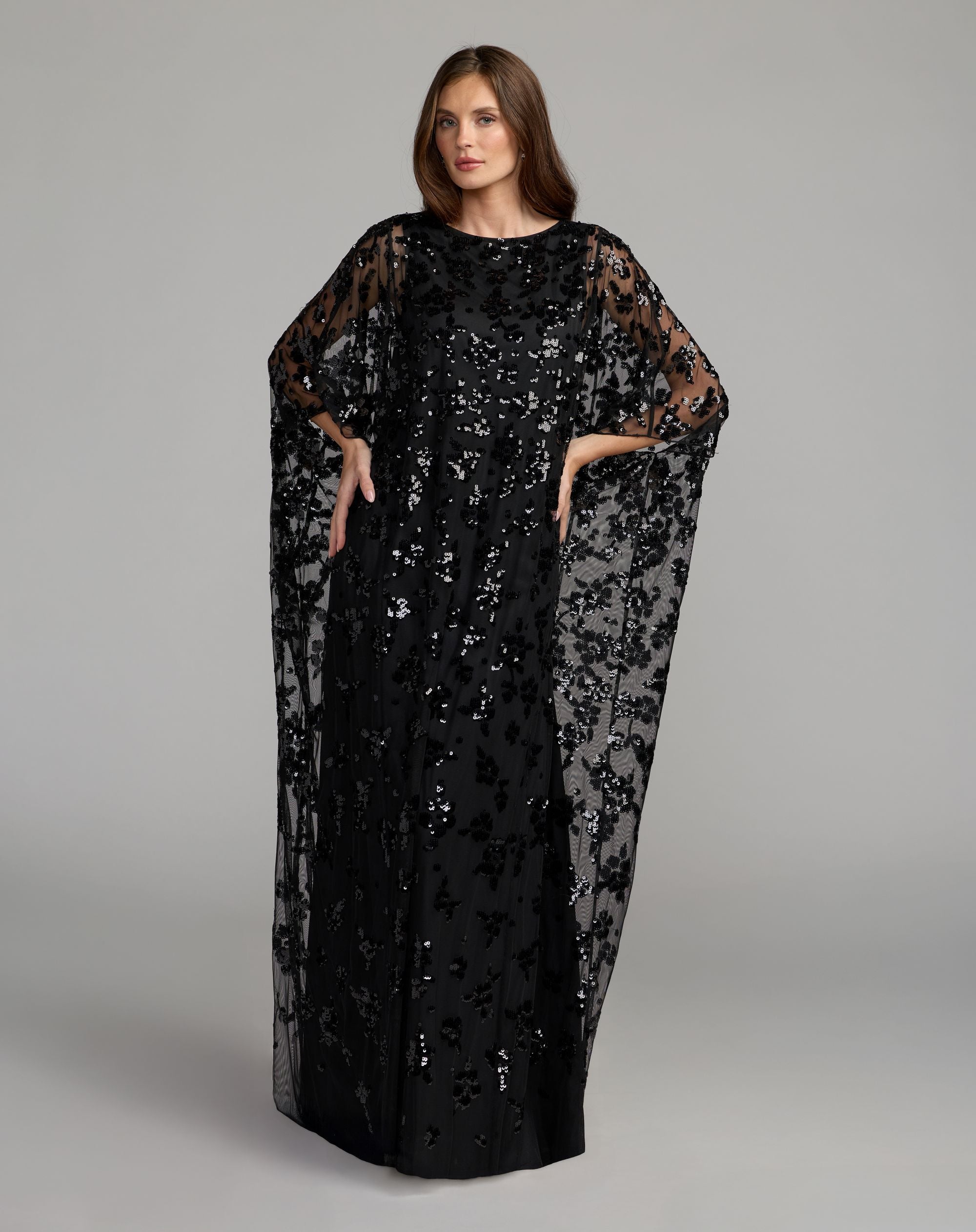 Black Sequin Embellished High Neck Kaftan Gown - Mac Duggal