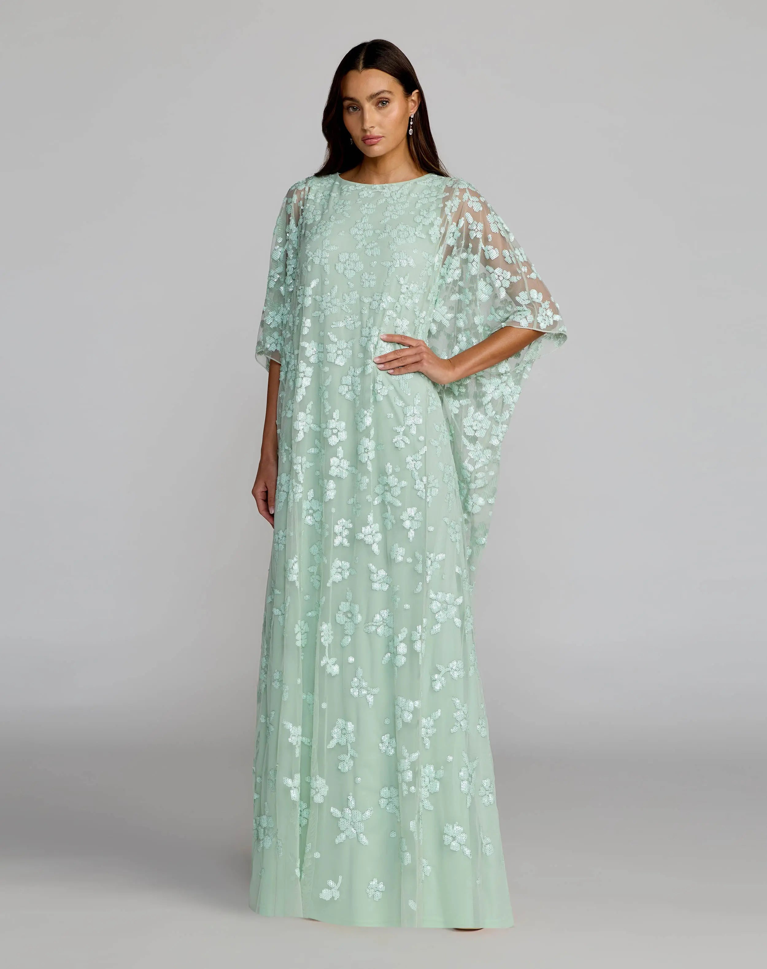 Green Sequin Floral Caftan Gown Mac Duggal