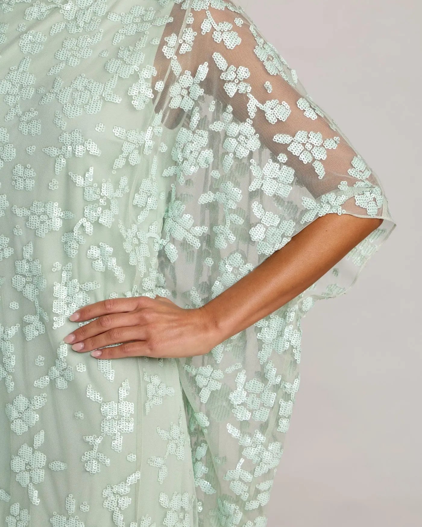 sachin and babi light blue dress MORPHEW Atelier Seafoam Green Beaded Silk Lace Gown with Ripped Chiffon main image 0