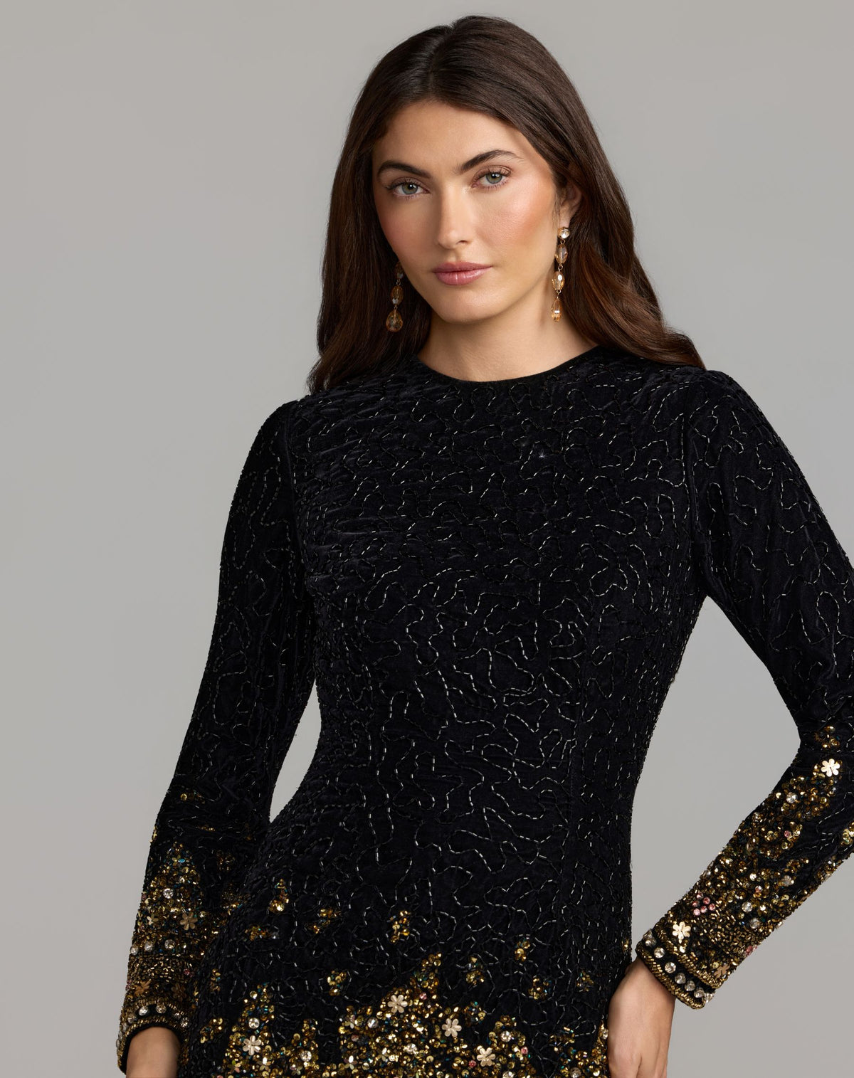 Black Gold Velvet Long Sleeve Mini Dress - Mac Duggal