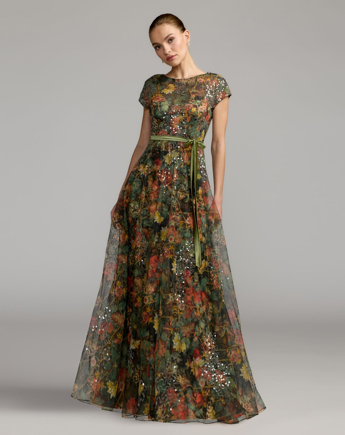 Multicolor Floral Belted A-Line Gown - Mac Duggal