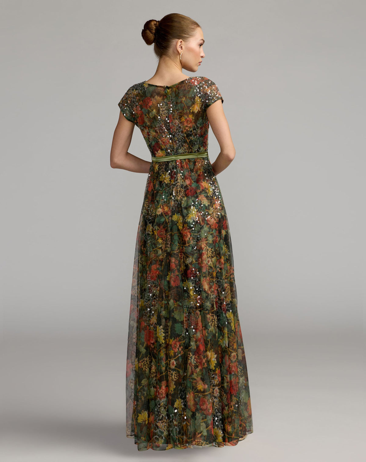Multicolor Floral Belted A-Line Gown - Mac Duggal