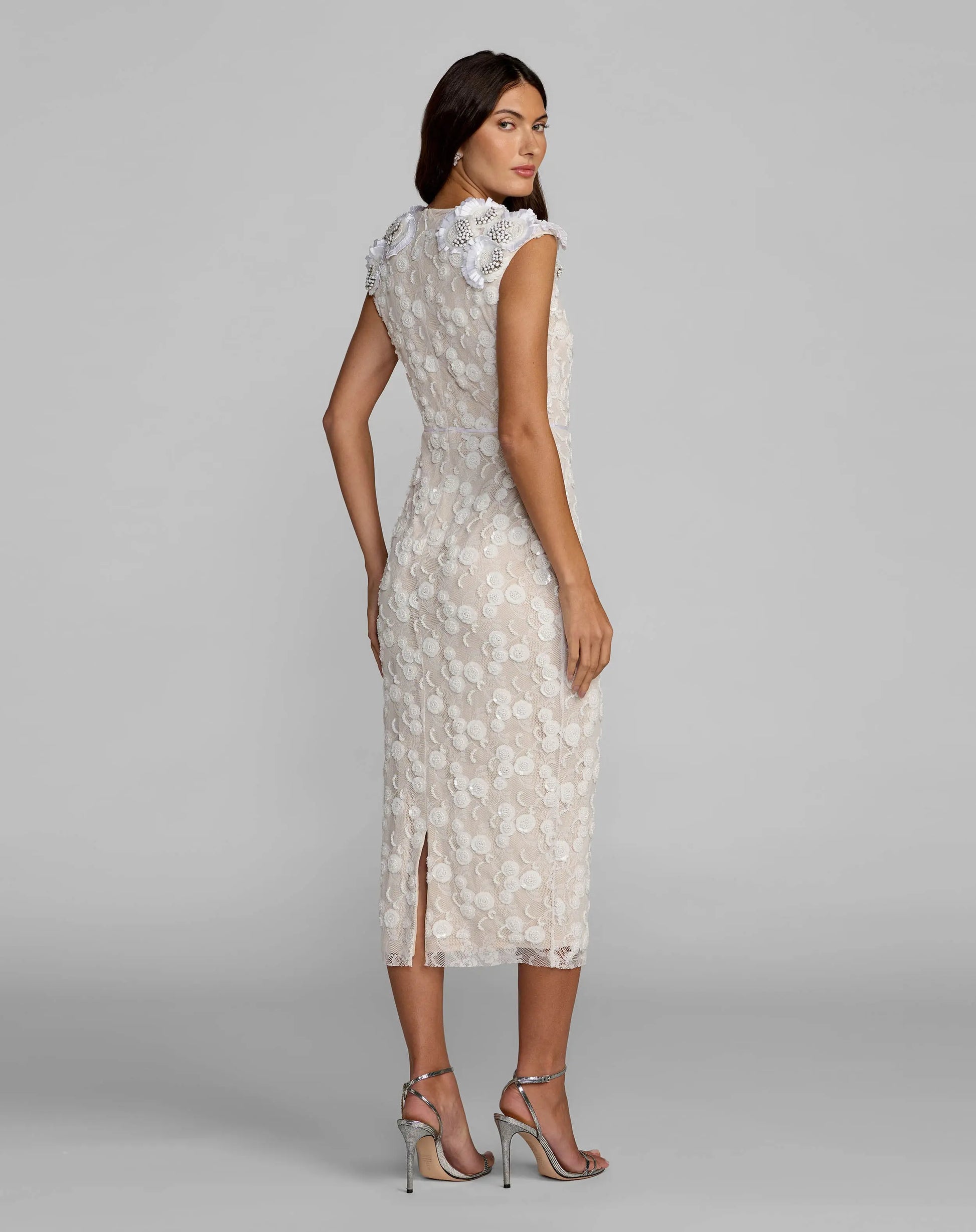 White Lace Midi Dress With 3D Floral Appliqués Mac Duggal