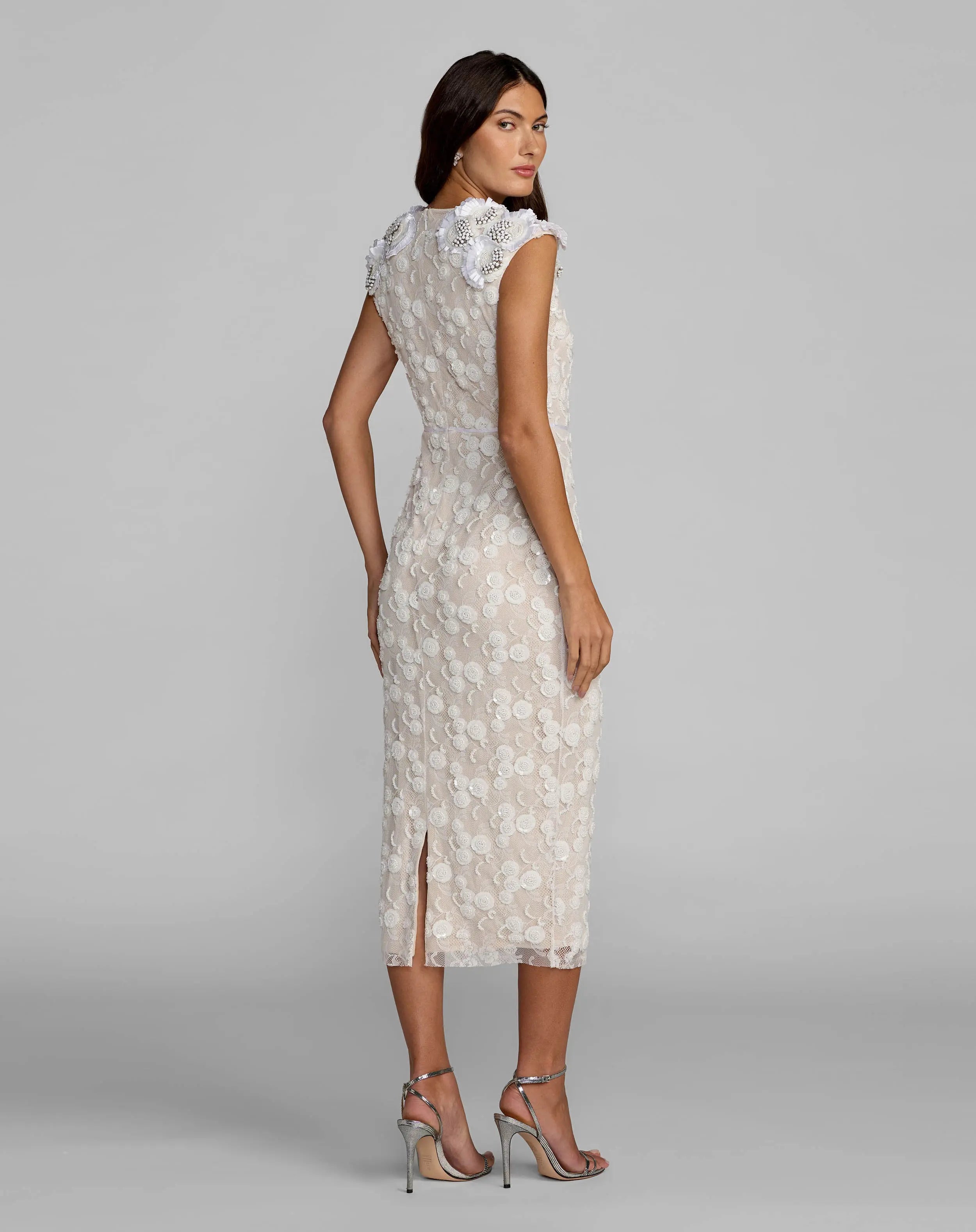 White Lace Midi Dress With 3D Floral Appliqués Mac Duggal