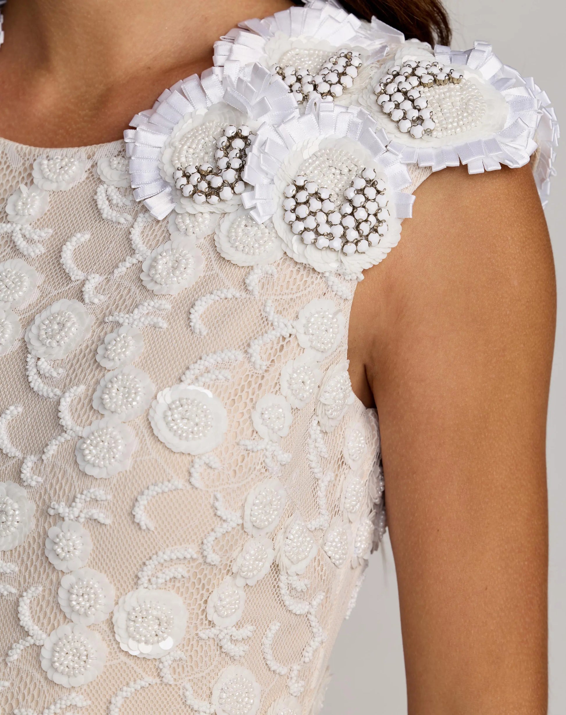 White Lace Midi Dress With 3D Floral Appliqués Mac Duggal