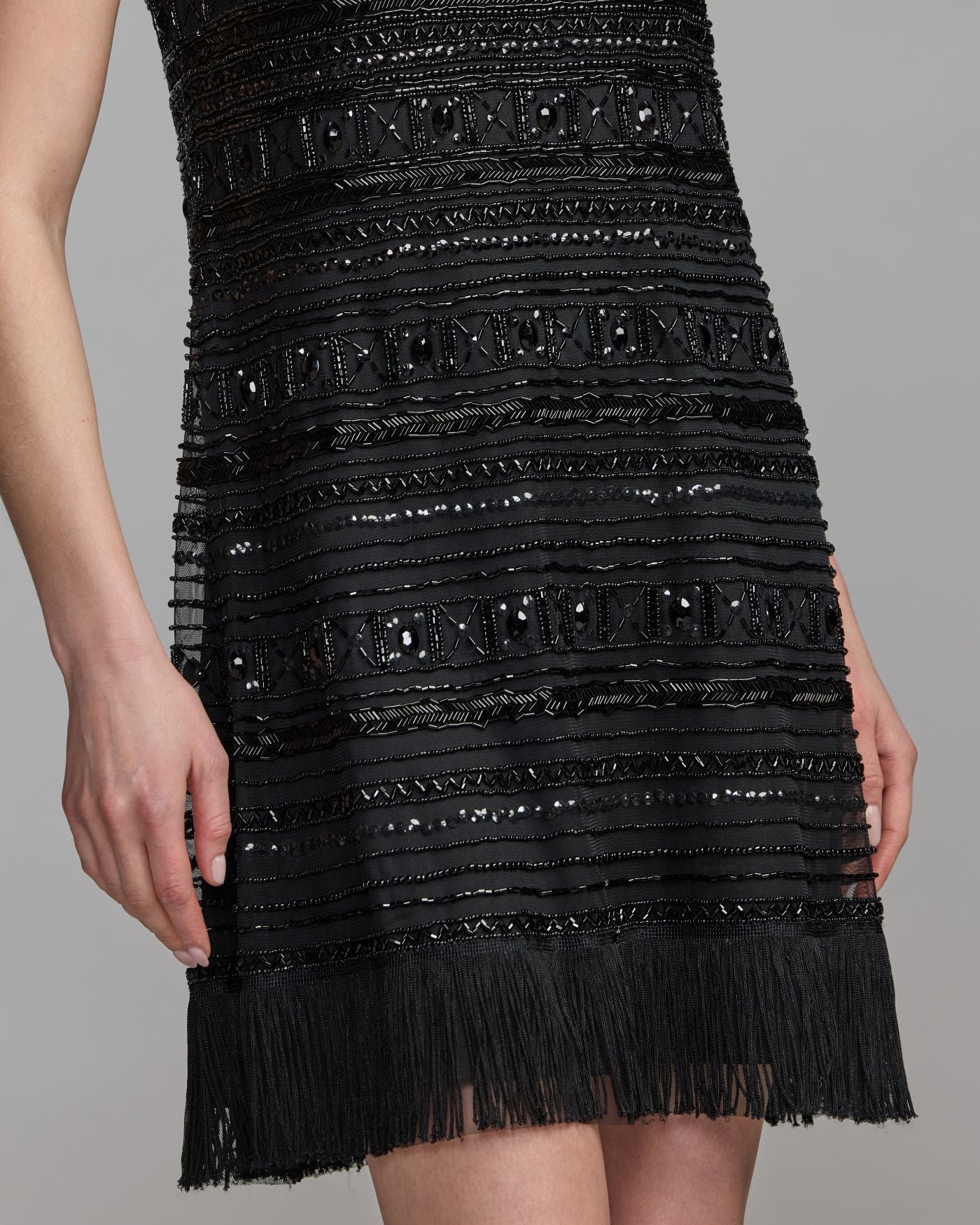 Black Geometric Beaded Fringe Mini Dress - Mac Duggal