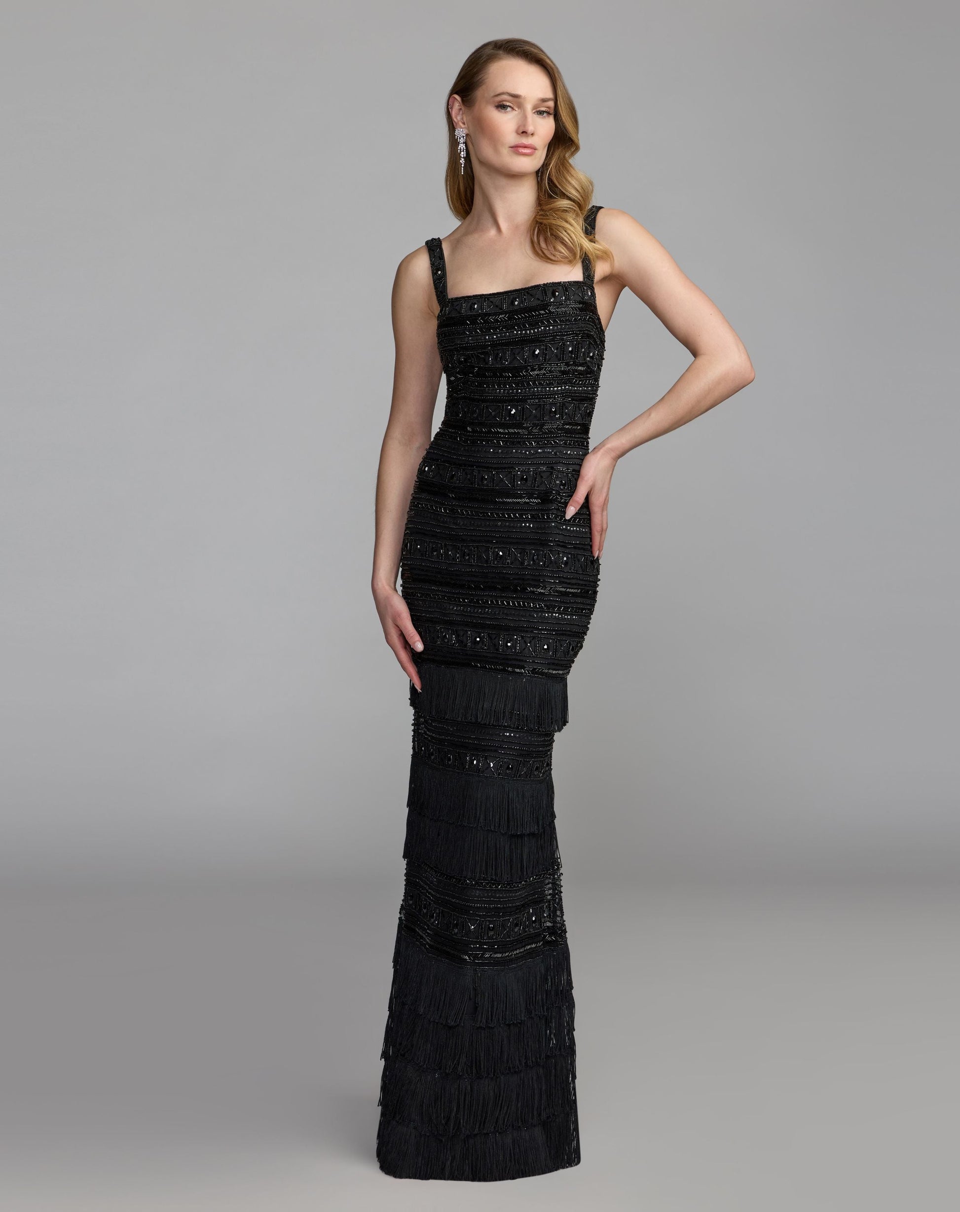 Black Geometric Embllished Gown With Fringe Mac Duggal