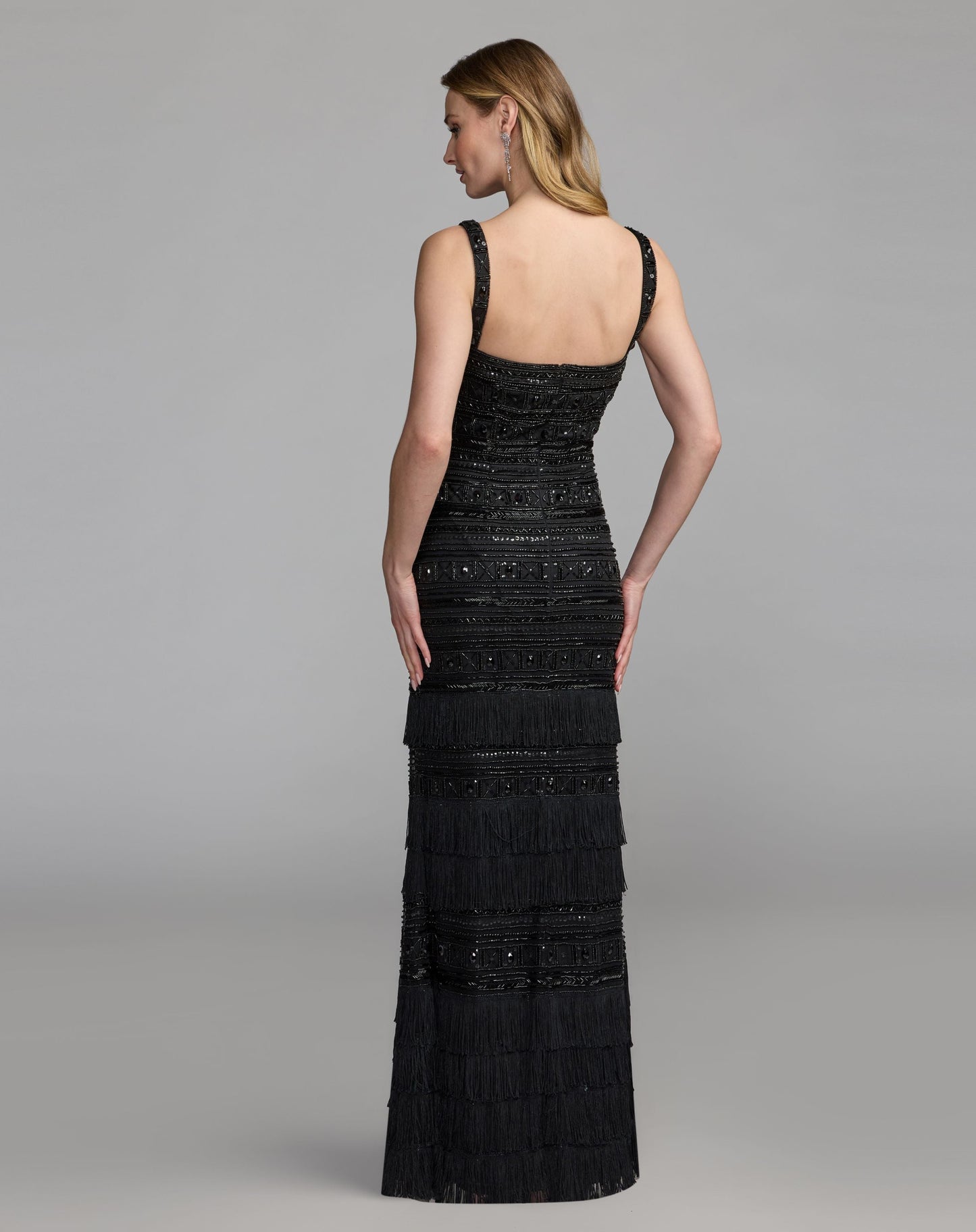 Black Geometric Embllished Gown With Fringe Mac Duggal