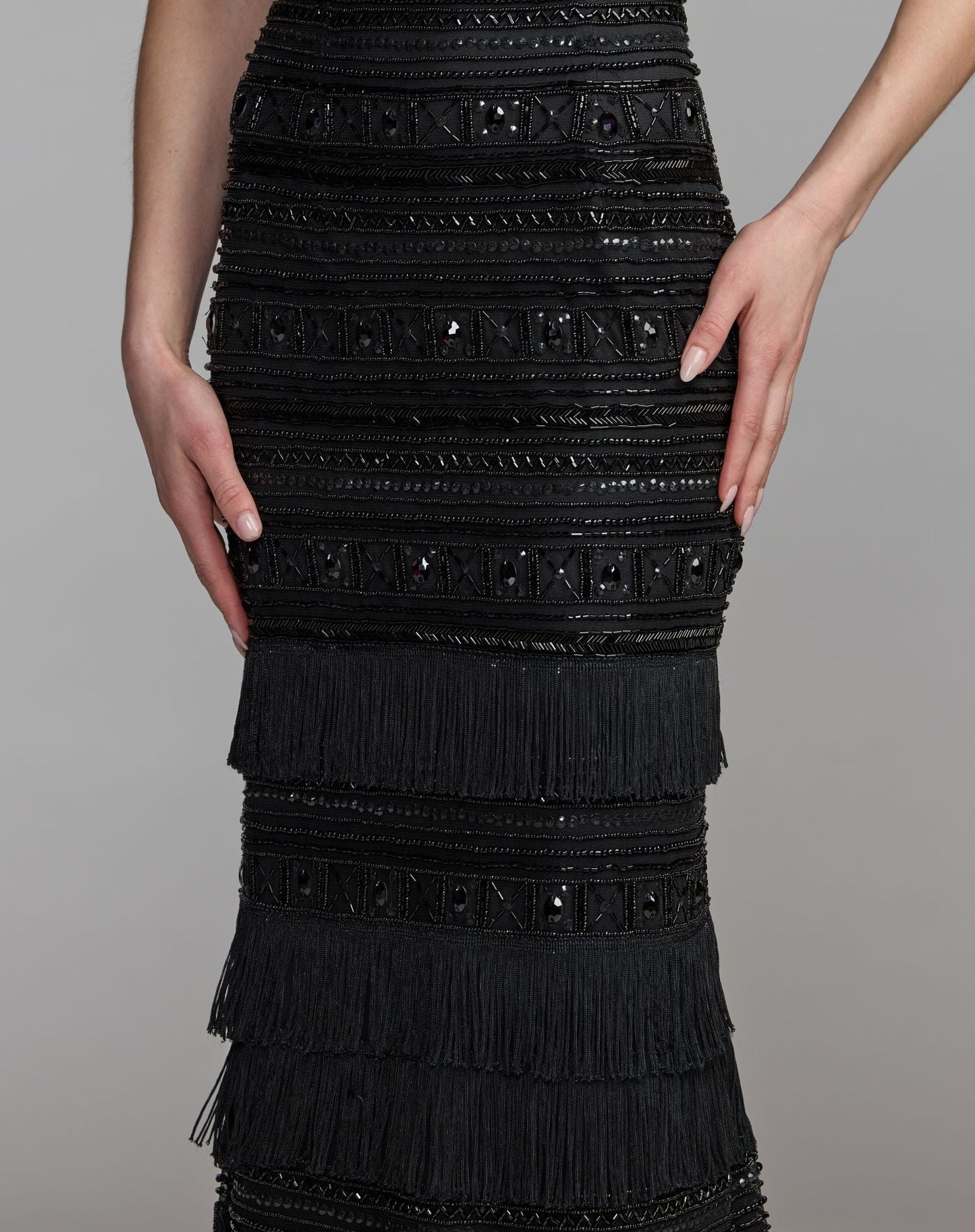 Black Geometric Embllished Gown With Fringe Mac Duggal