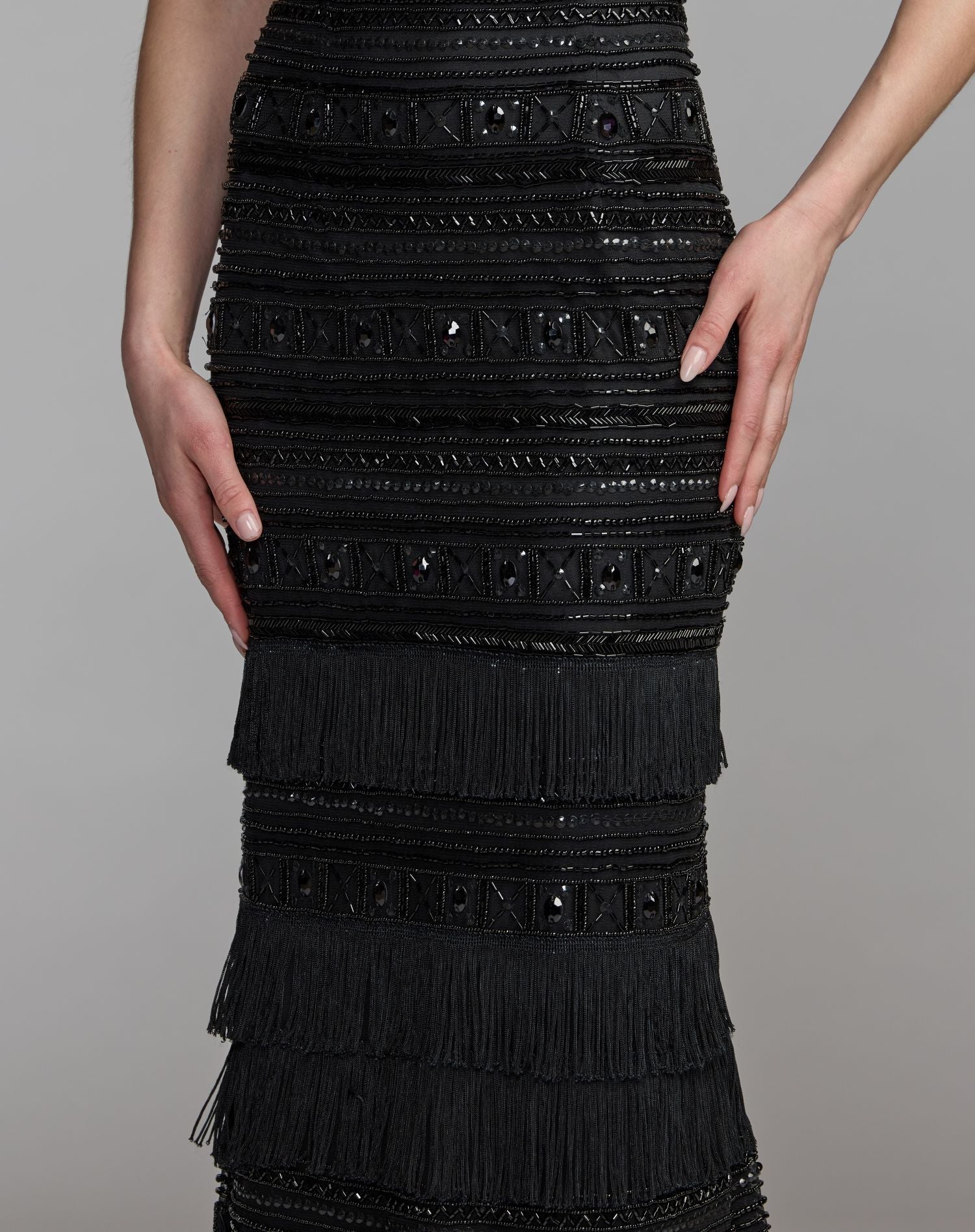 Black Geometric Embllished Gown With Fringe Mac Duggal
