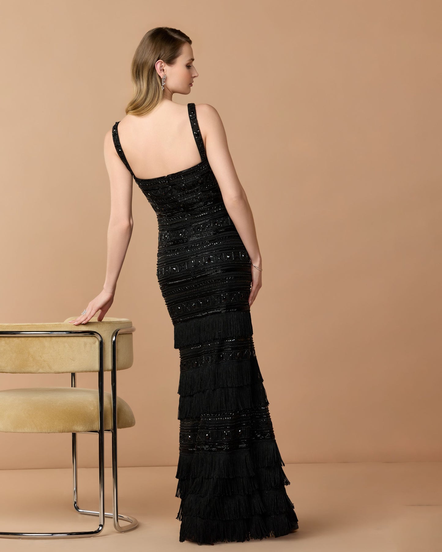 Black Geometric Embllished Gown With Fringe Mac Duggal