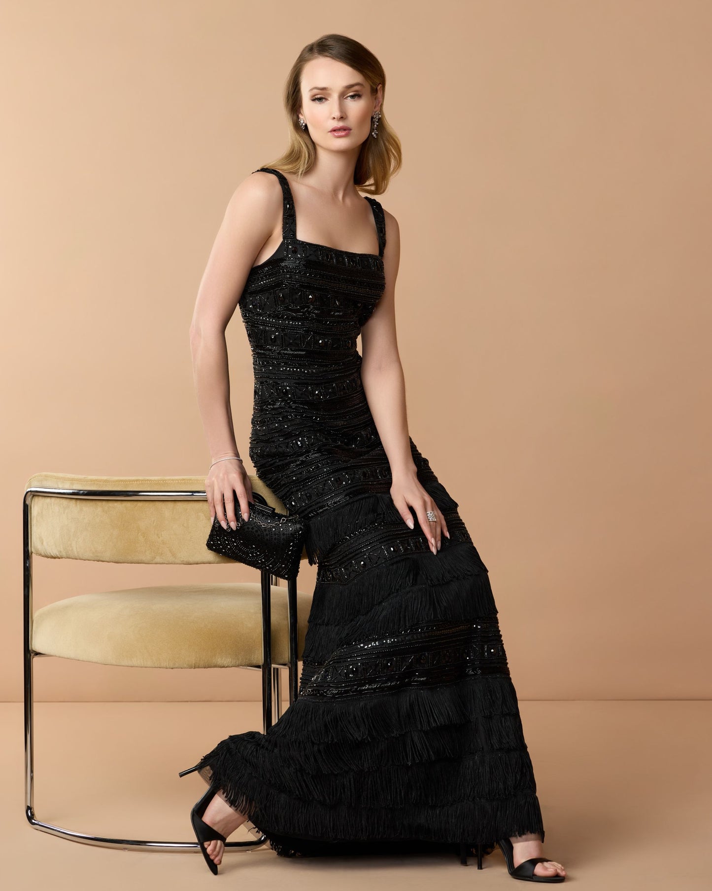 Black Geometric Embllished Gown With Fringe Mac Duggal