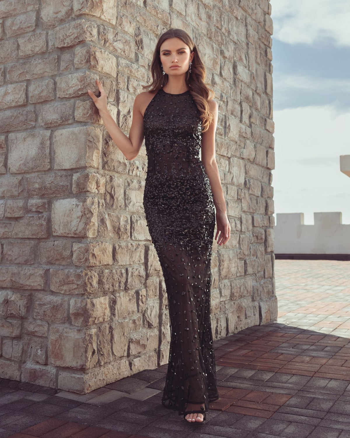 Black Embellished Sheer Halter Gown -Mac Duggal