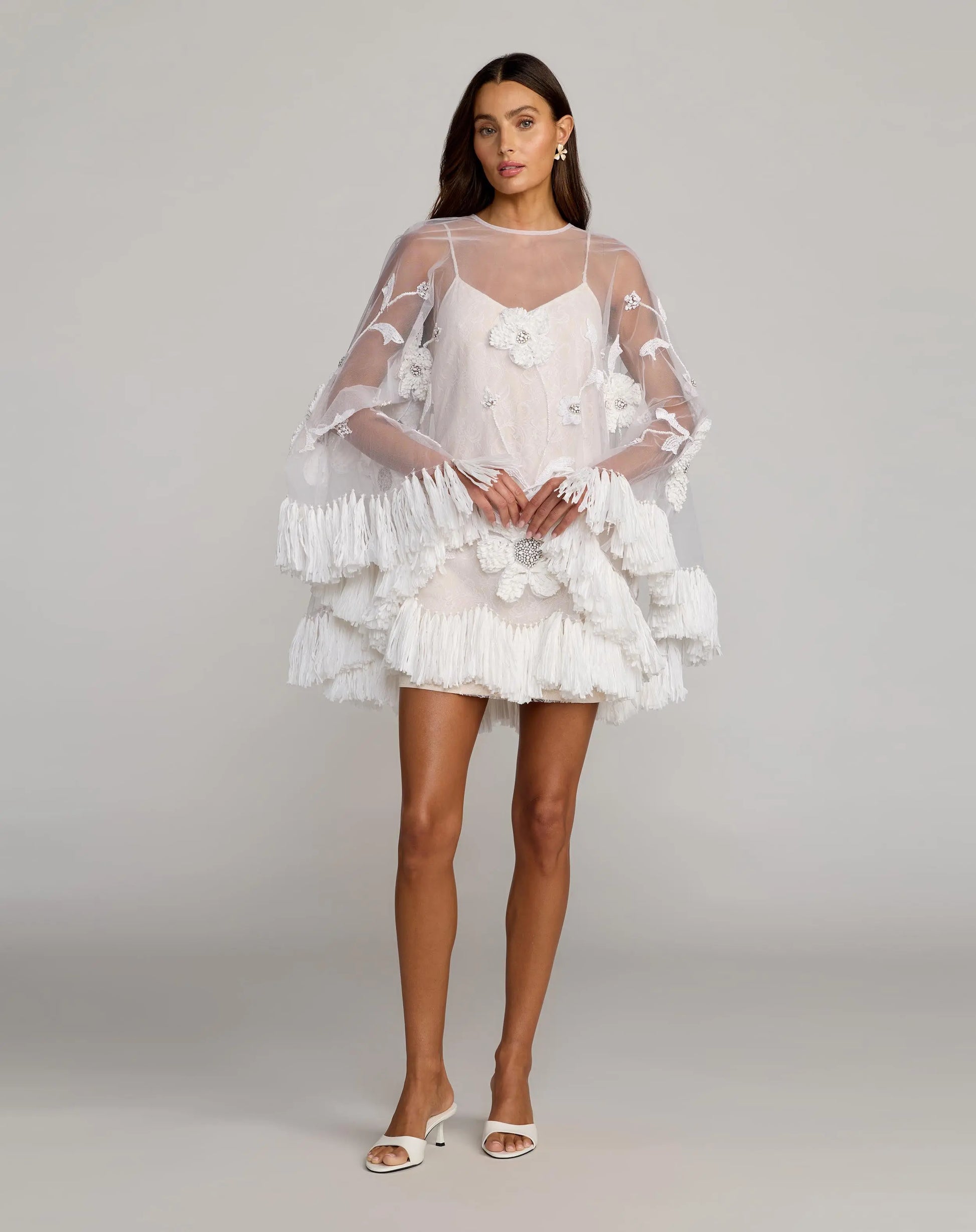 White Embellished Trapeze Mini Dress With Fringe Hem - Mac Duggal