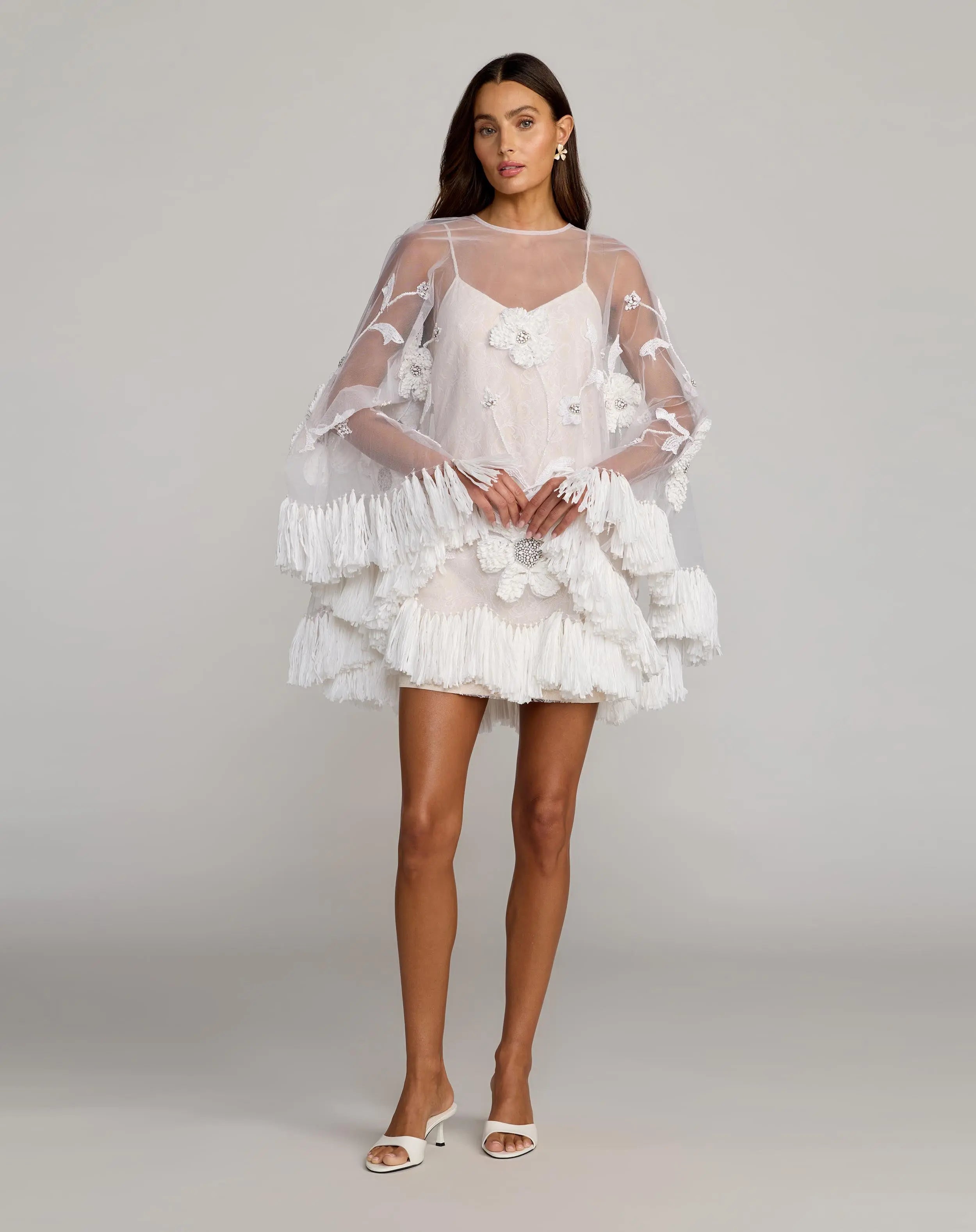 White Embellished Trapeze Mini Dress With Fringe Hem - Mac Duggal