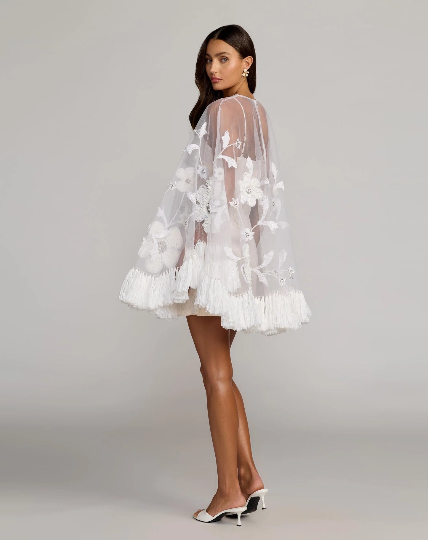 White Embellished Trapeze Mini Dress With Fringe Hem - Mac Duggal