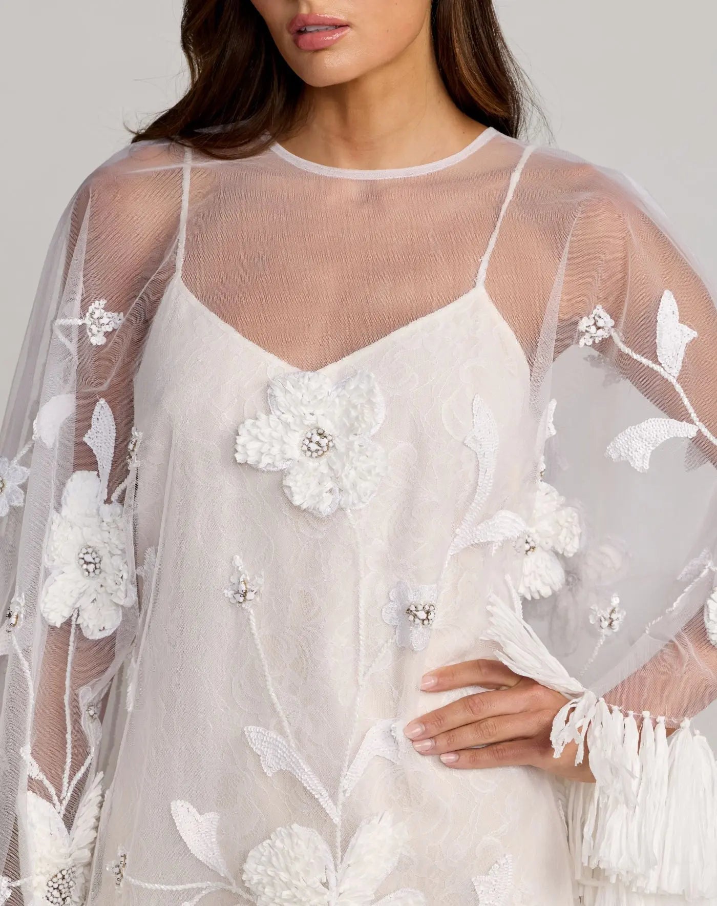 White Embellished Trapeze Mini Dress With Fringe Hem - Mac Duggal