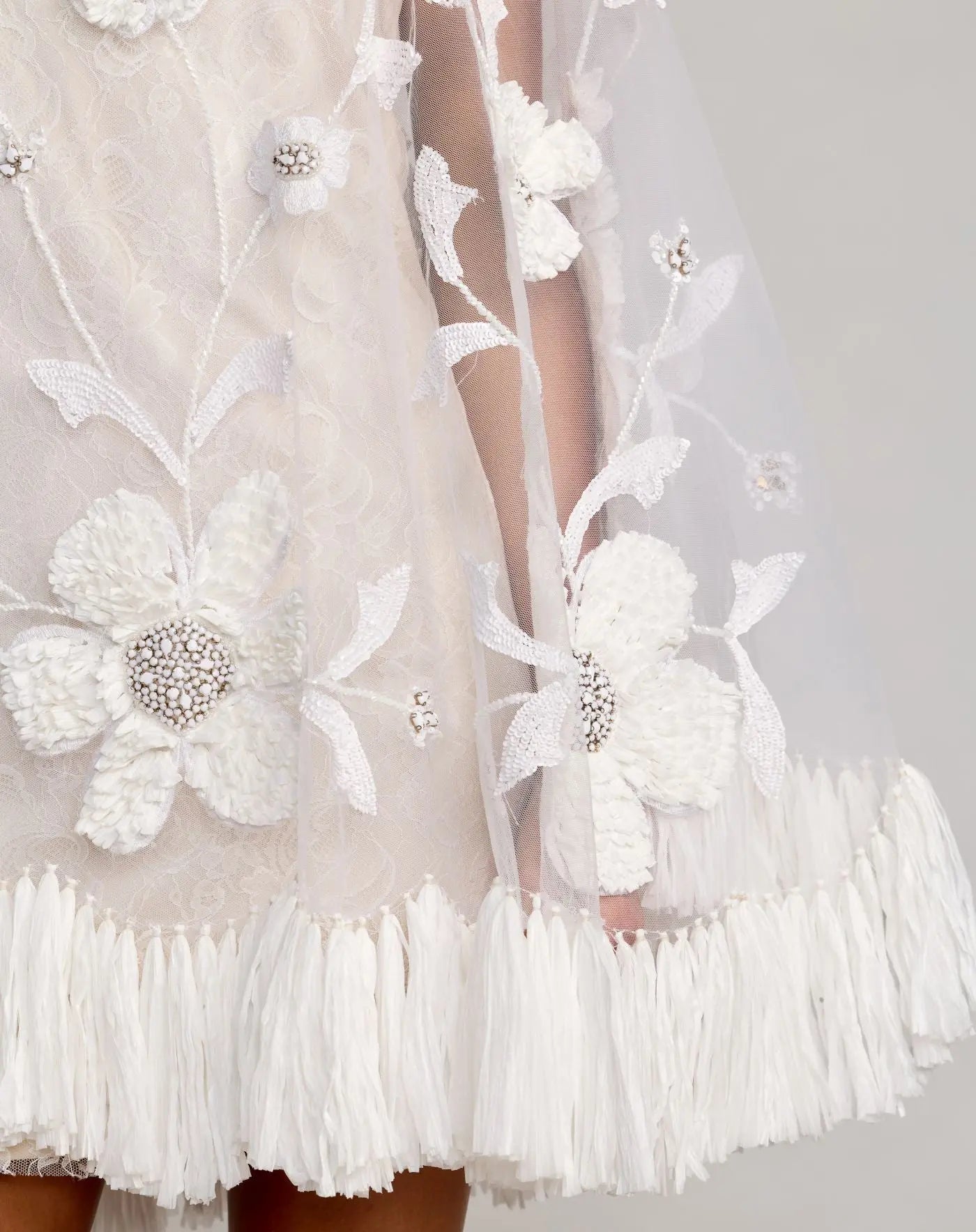 White Embellished Trapeze Mini Dress With Fringe Hem