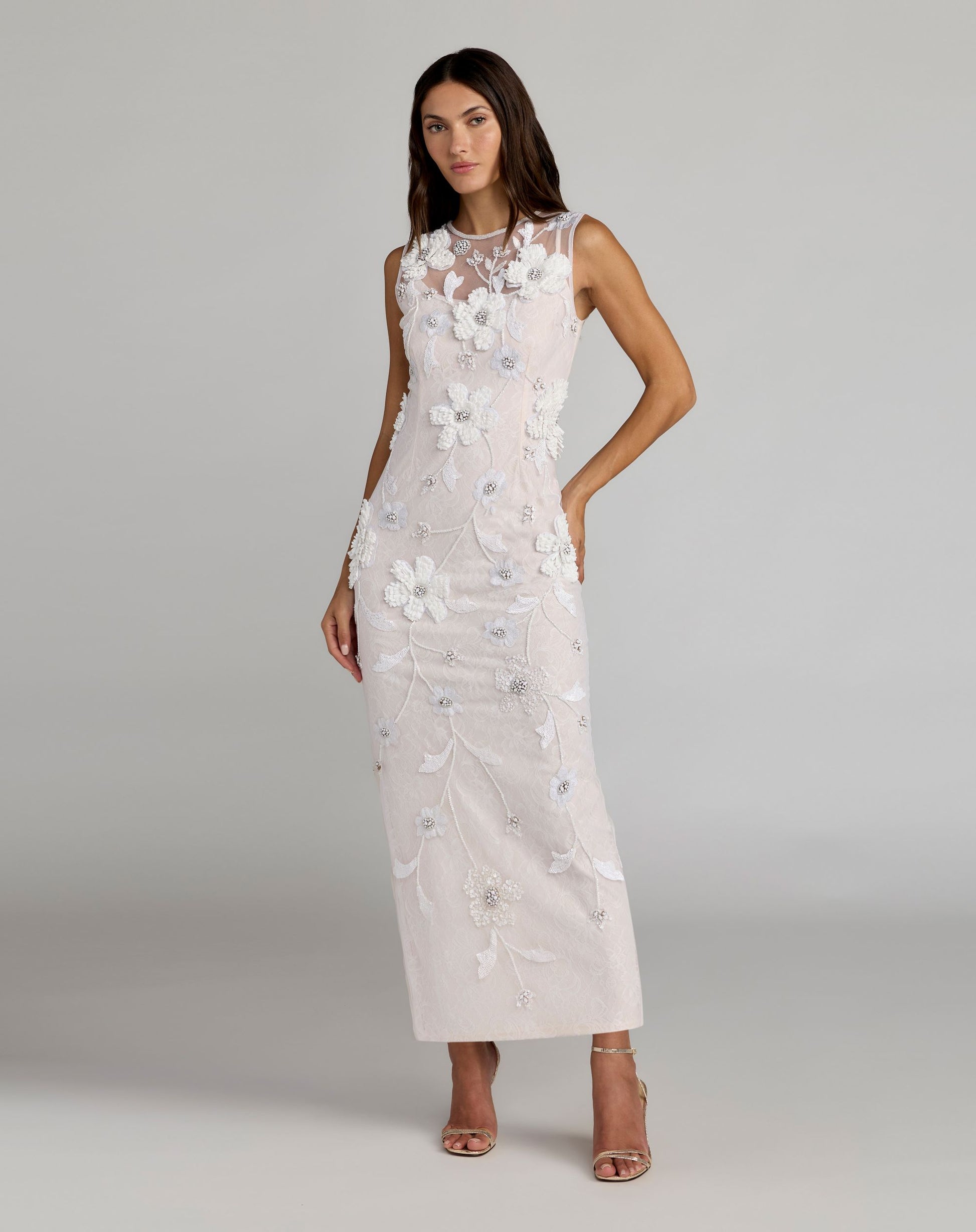 White Sleeveless Embellished Lace Column Dress - Mac Duggal