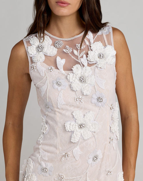 White Sleeveless Embellished Lace Column Dress - Mac Duggal