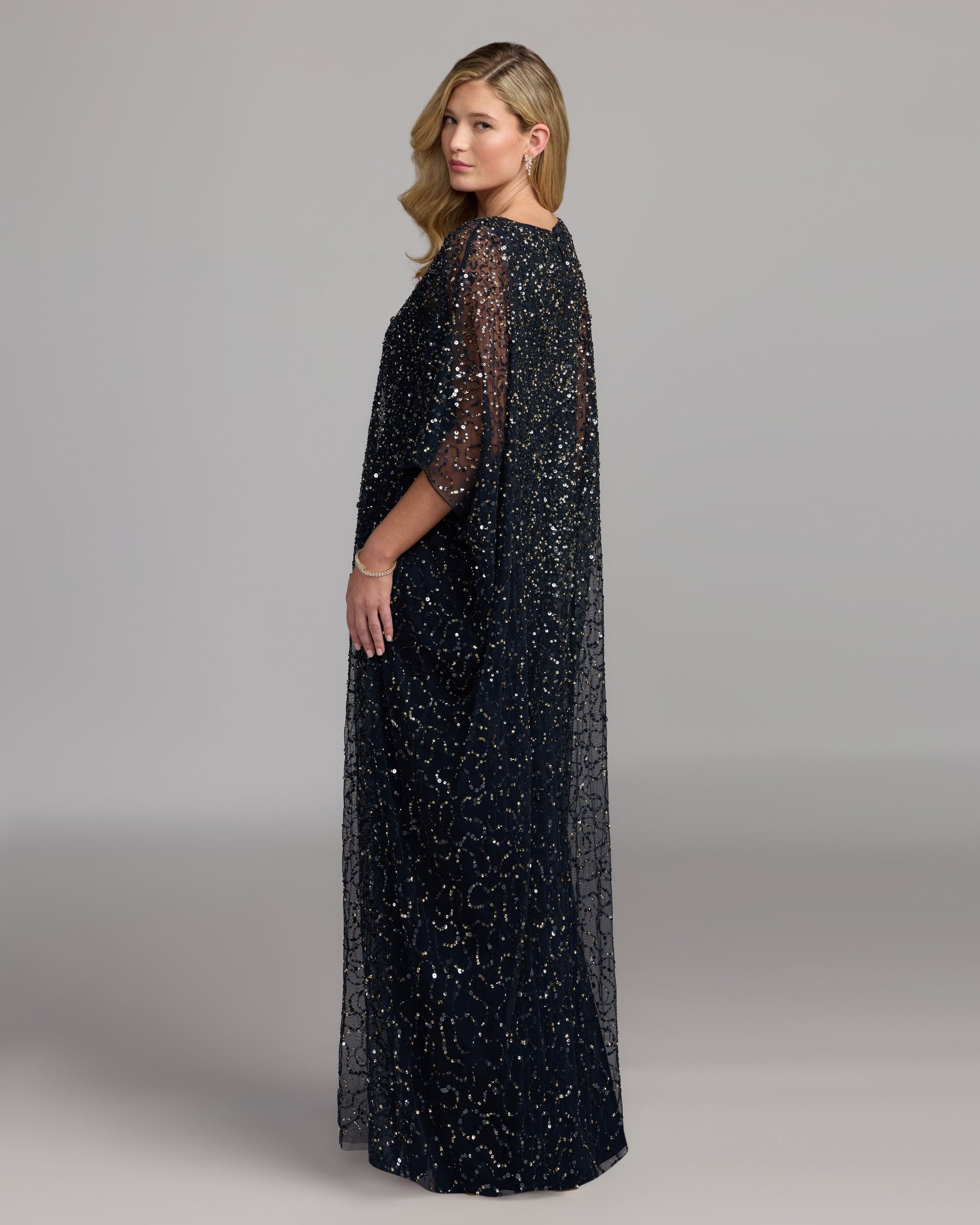 Navy Sequin Embellished Kaftan Gown Mac Duggal