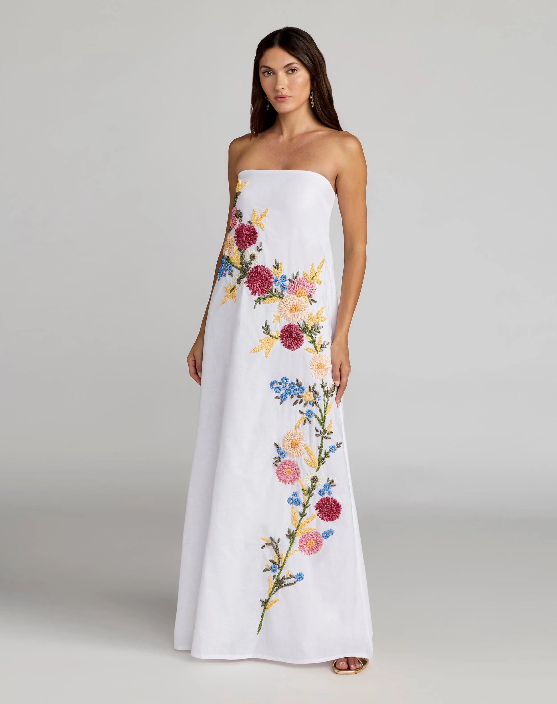 White Strapless Floral Embroidered Linen Gown | Mac Duggal White Strapless Floral Embroidered Linen Gown | Mac Duggal