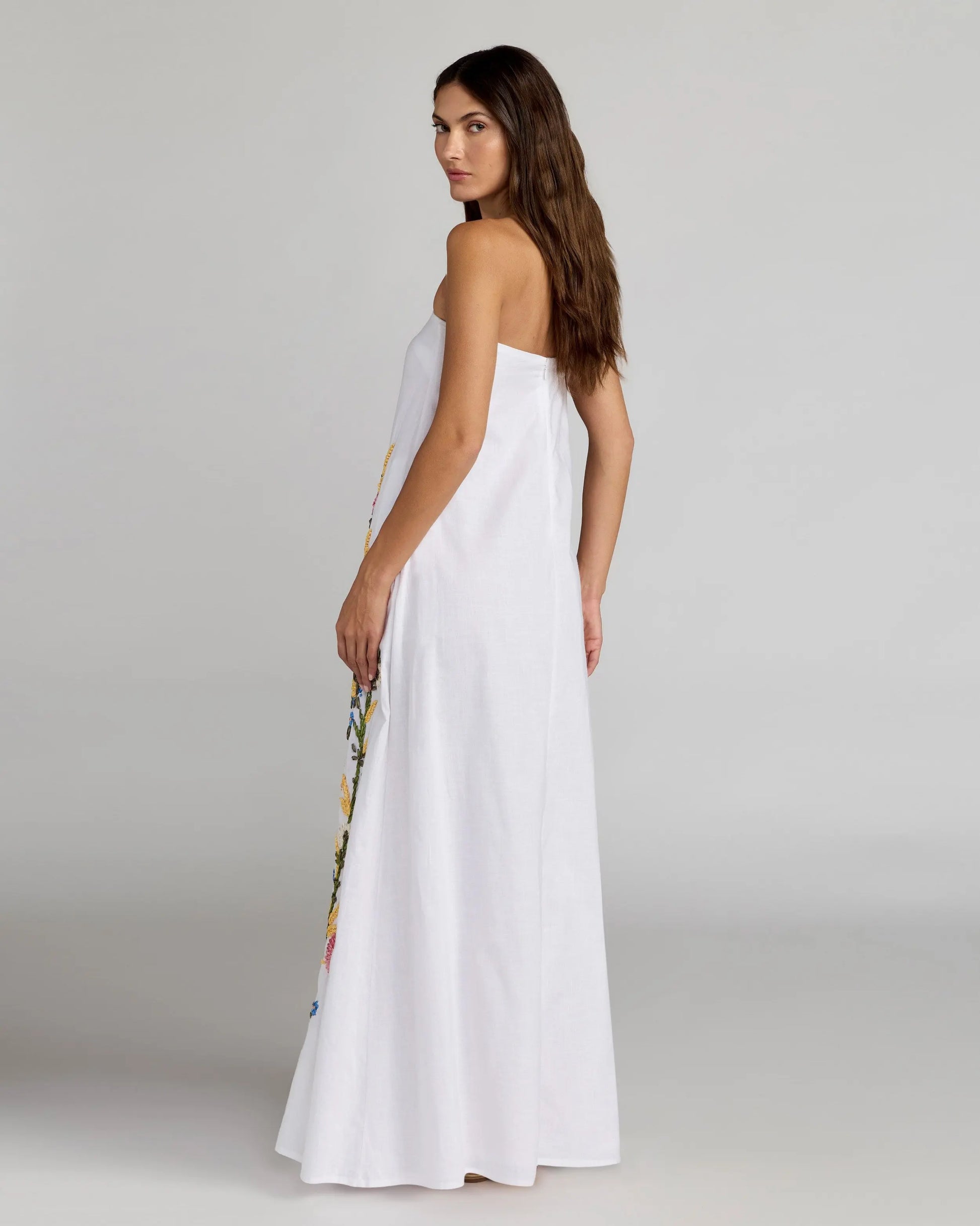 White Strapless Floral Embroidered Linen Gown | Mac Duggal White Strapless Floral Embroidered Linen Gown | Mac Duggal