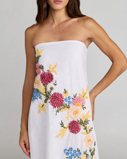 White Strapless Floral Embroidered Linen Gown