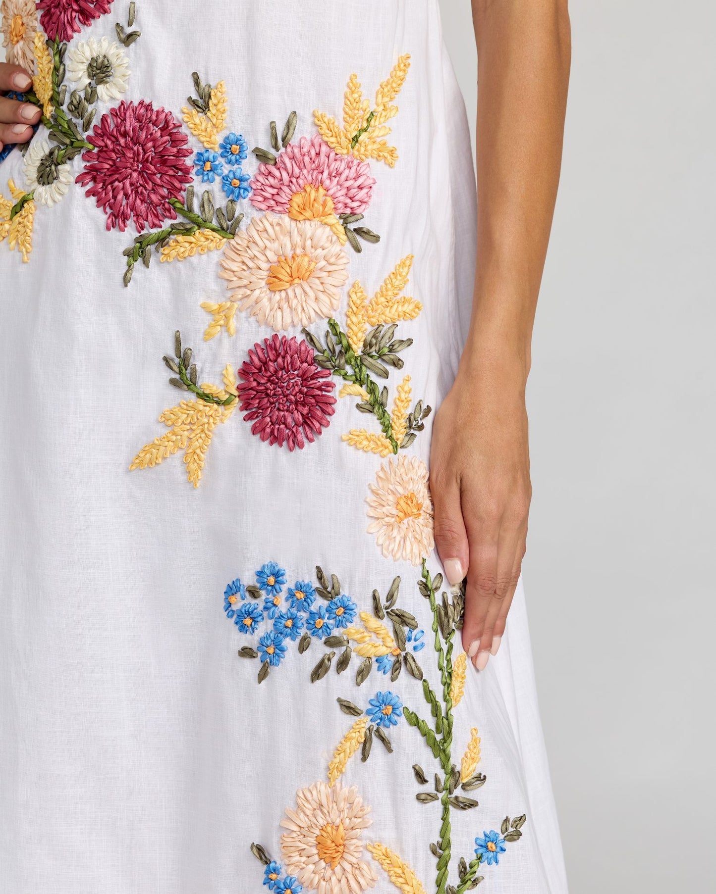 White Strapless Floral Embroidered Linen Gown