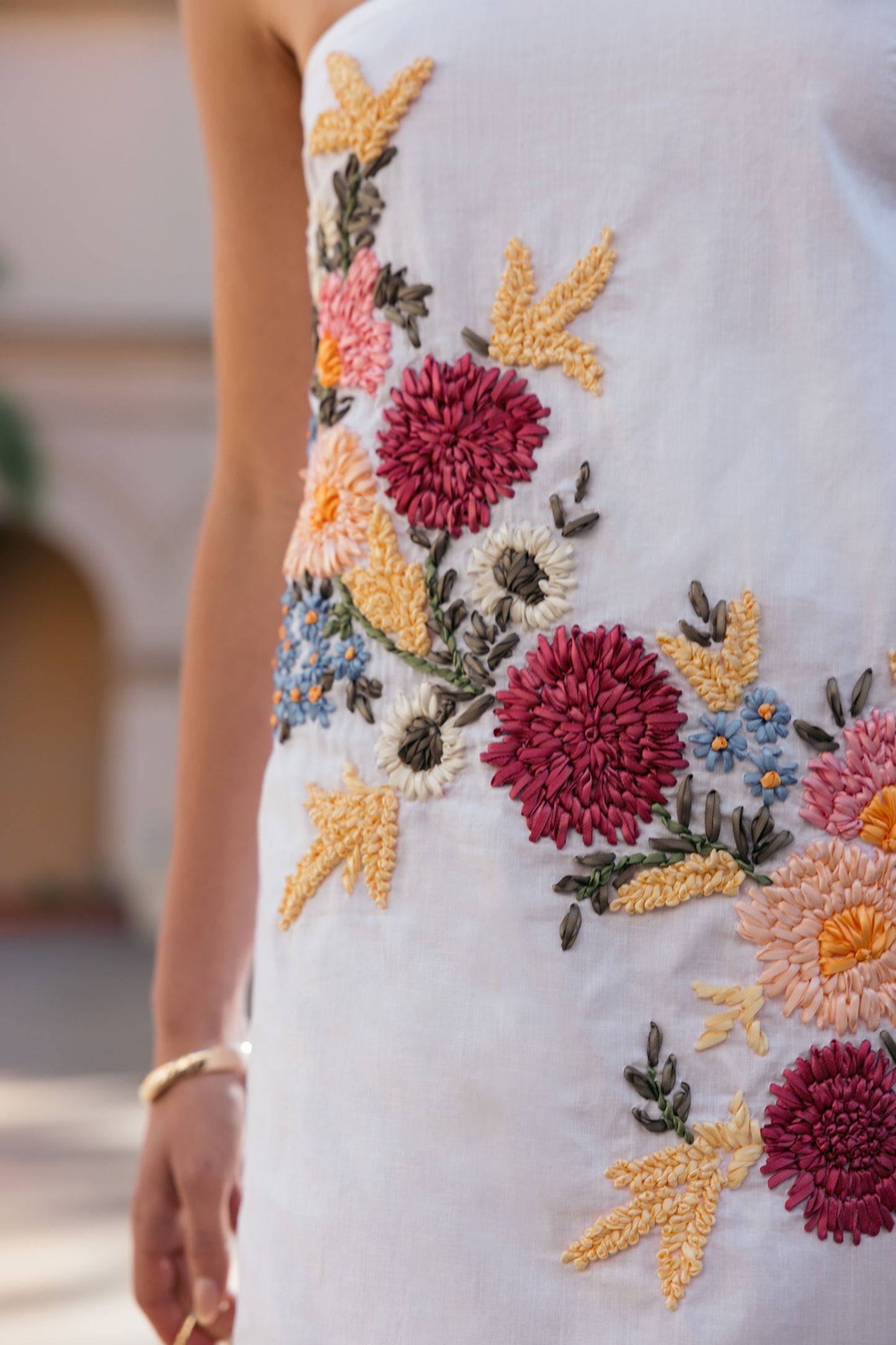 White Strapless Floral Embroidered Linen Gown