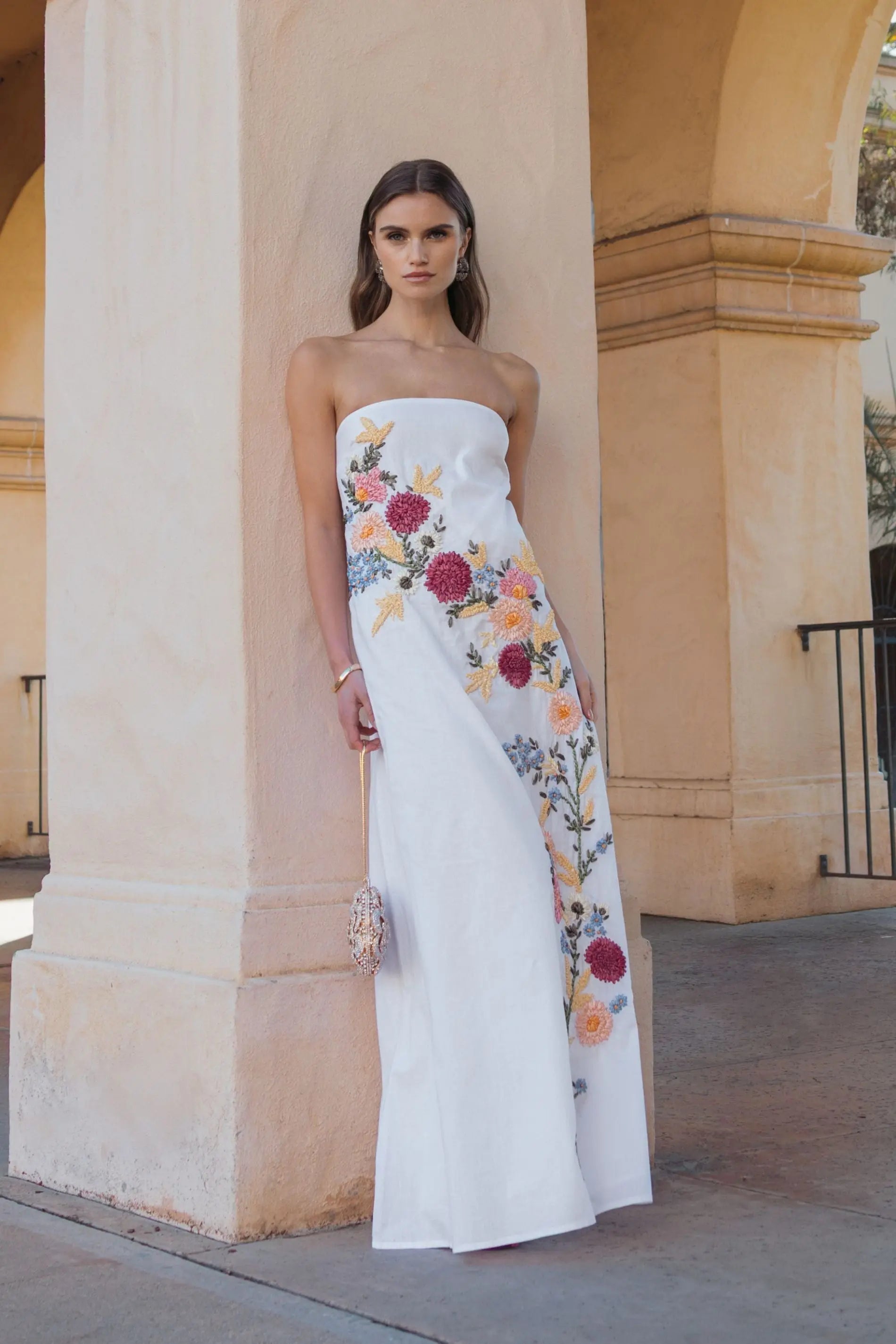 White Strapless Floral Embroidered Linen Gown