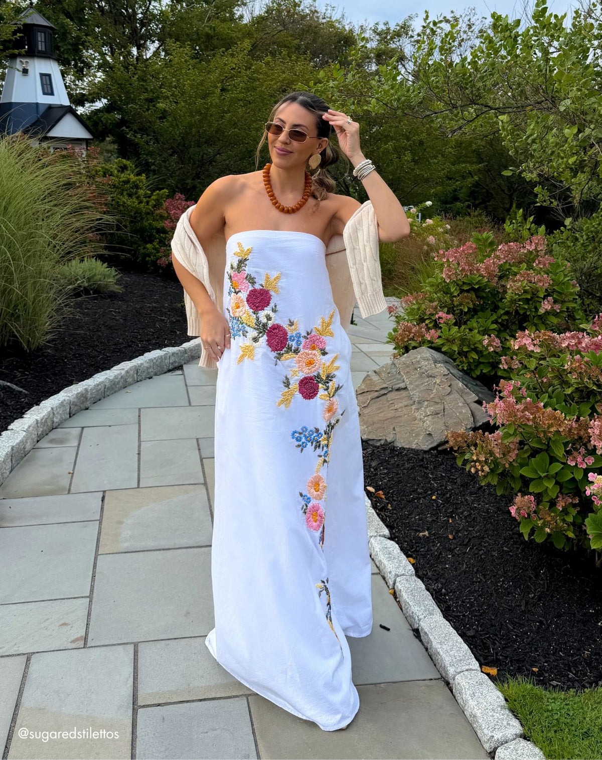 White Multi Strapless Floral Embroidered Linen Gown - Mac Duggal