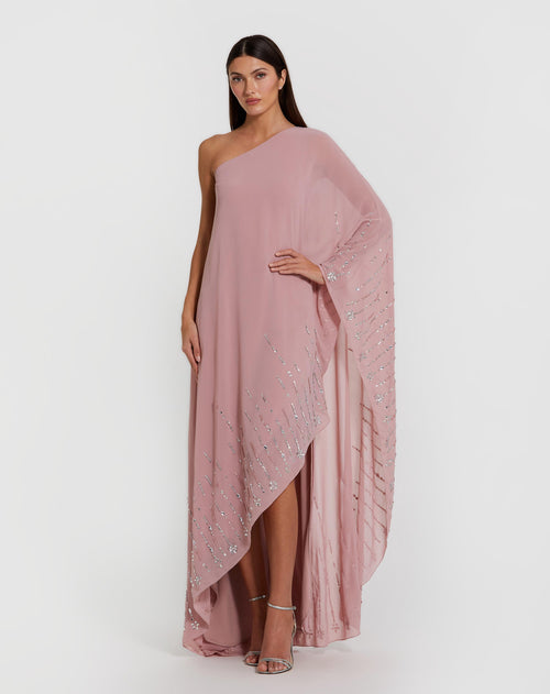 Pink One Shoulder Embellished Trim Kaftan Gown - Mac Duggal