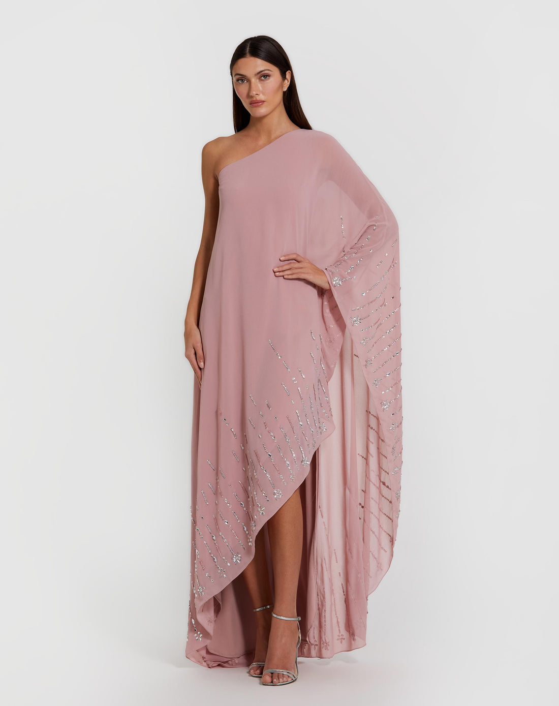 Pink One Shoulder Embellished Trim Kaftan Gown - Mac Duggal