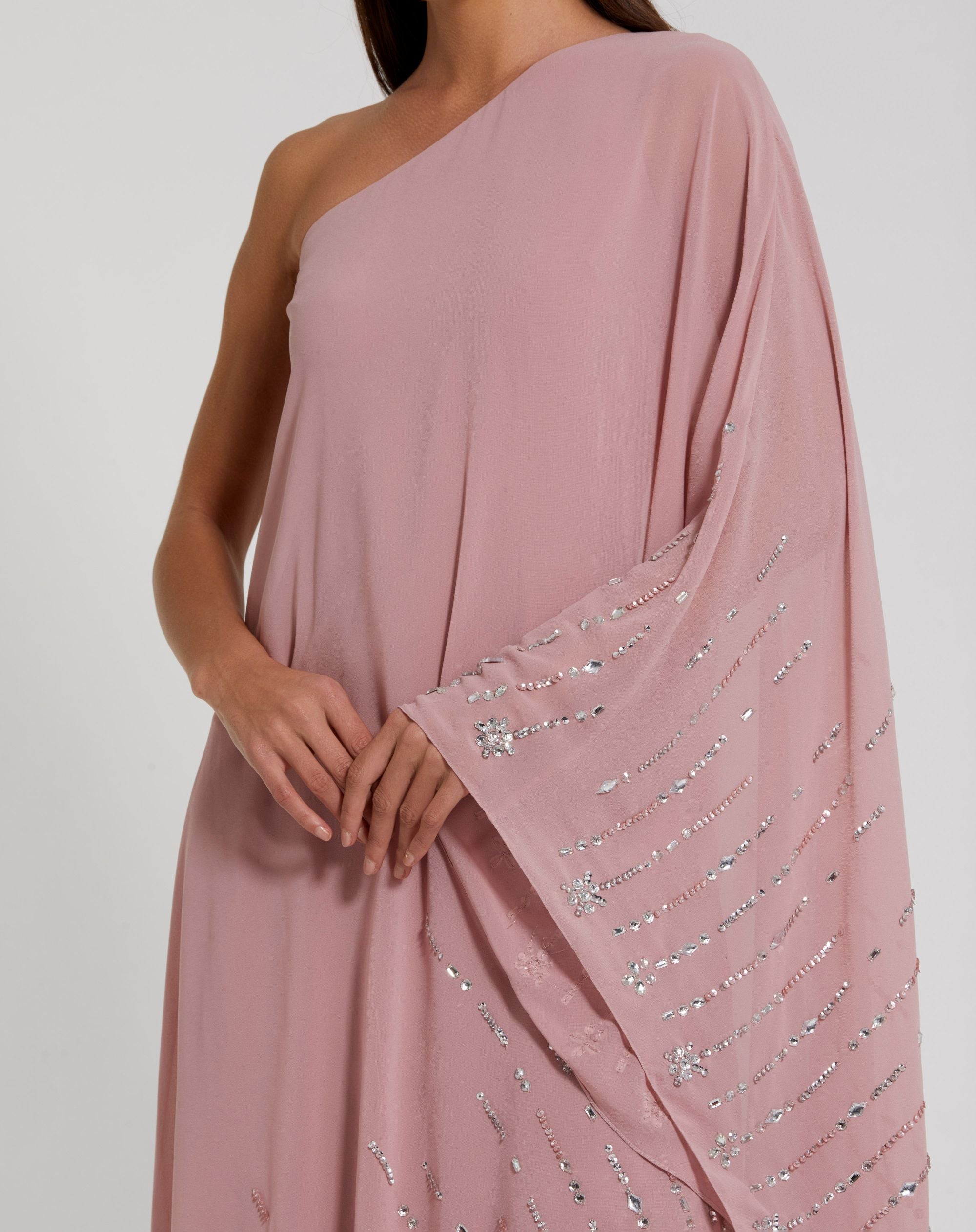 Pink One Shoulder Embellished Trim Kaftan Gown - Mac Duggal
